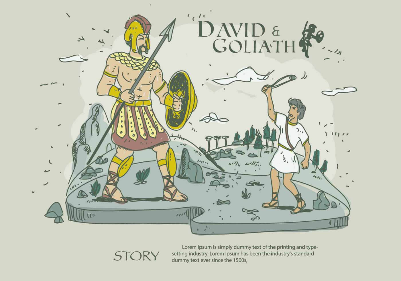 David And Goliath Story Cartoon Vector Illustration Vector Art My XXX