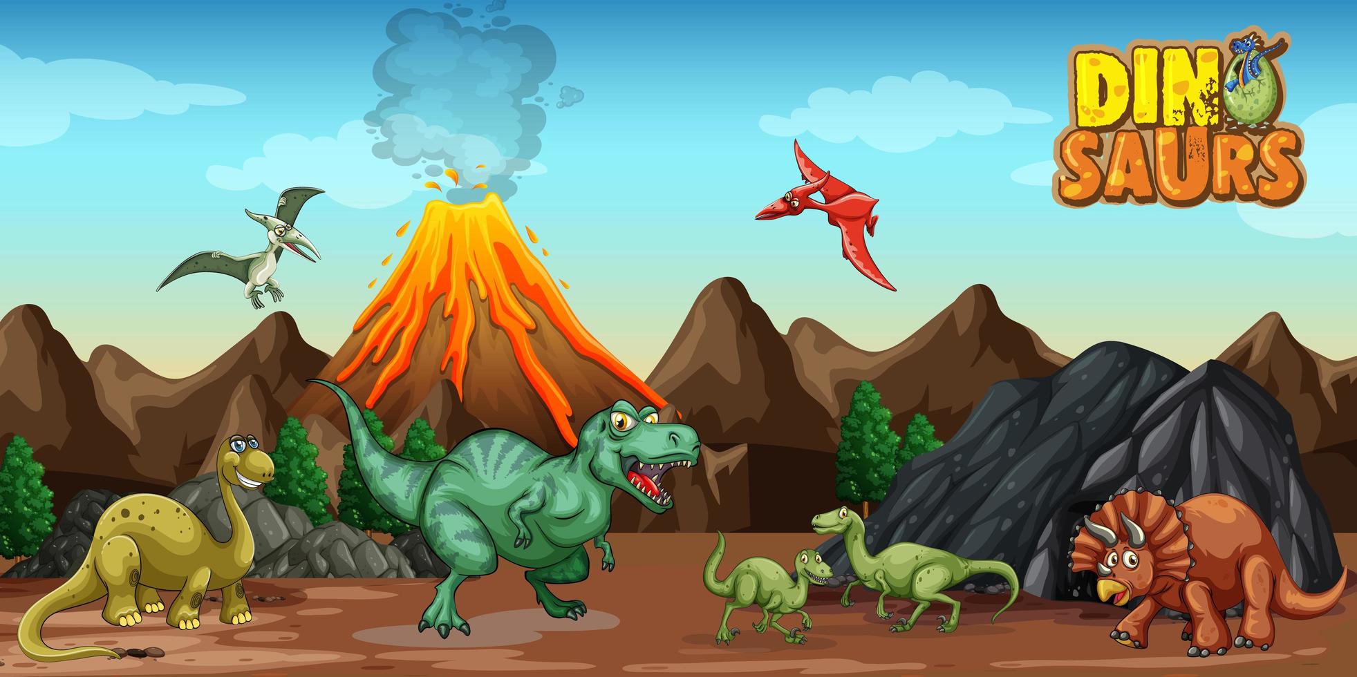Dinosaurs Cartoon Character In Nature Scene 1762314 Vector Art At Vecteezy