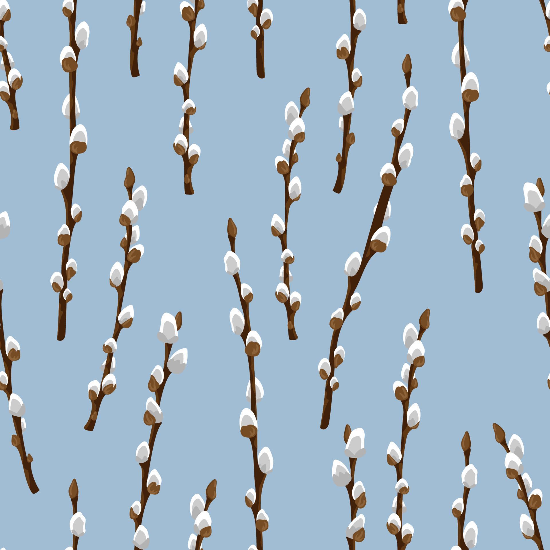 Easter Spring Twigs Blossom Pussy Willow Tree Seamless Pattern Vector Spring Holiday Texture In