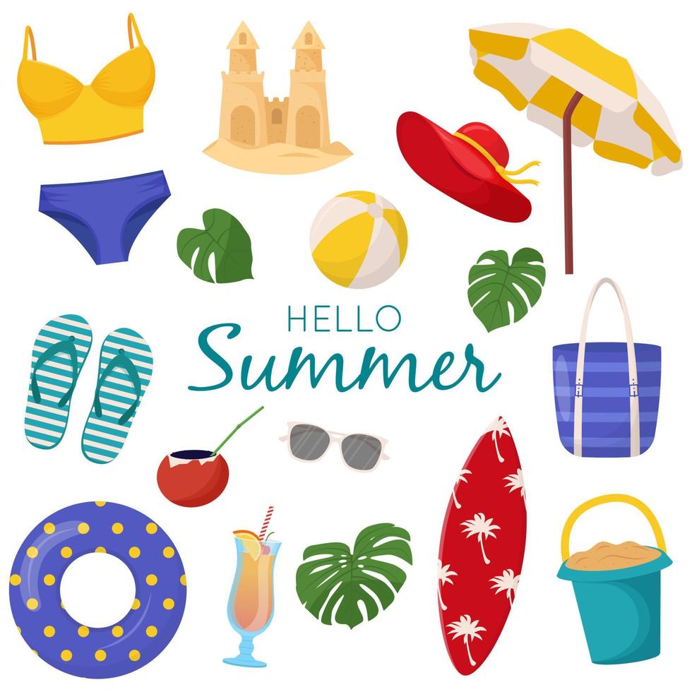 Set Of Cute Summer Elements Surfboard Cocktail Bag Hat Palm Tree Bikini Flip Flops Beach