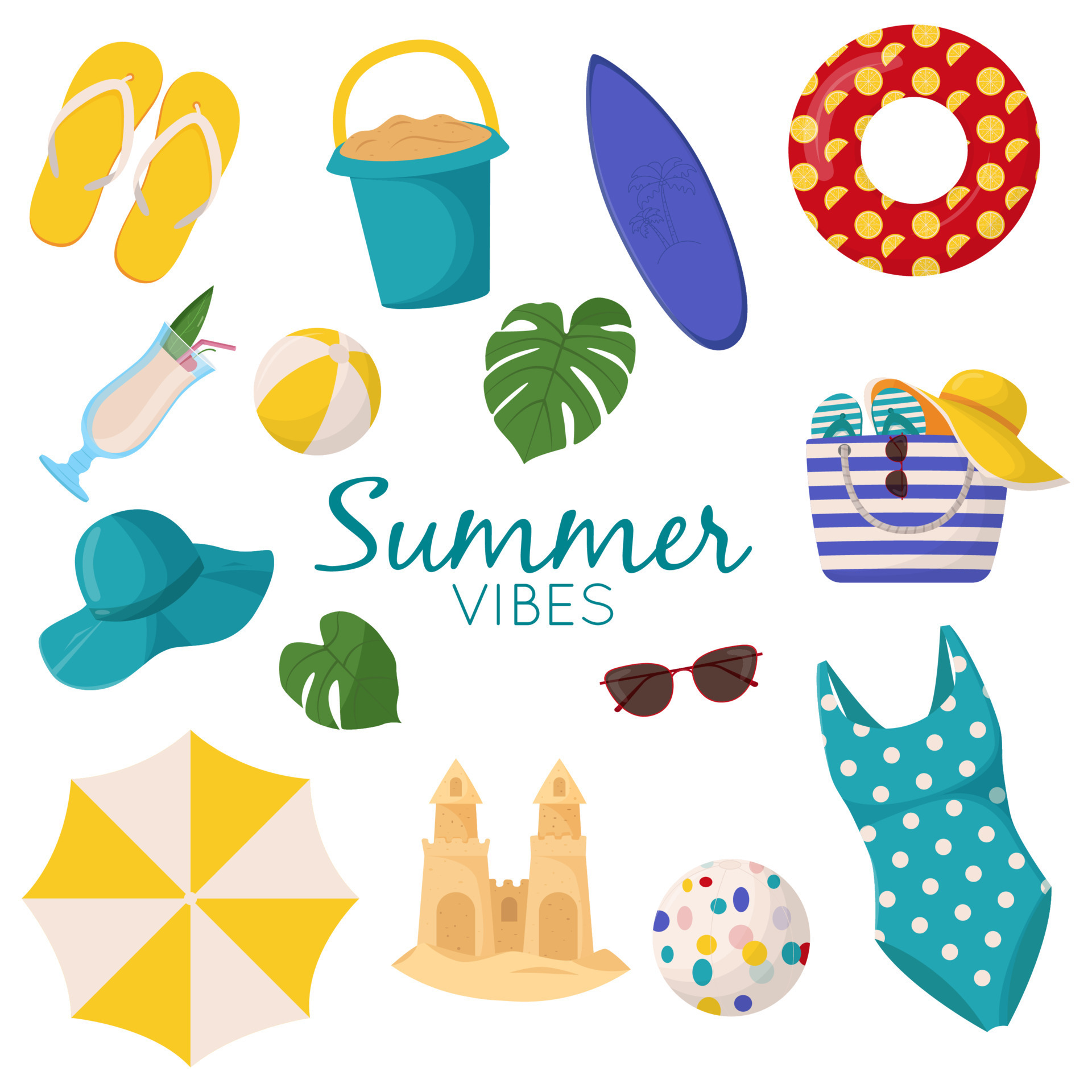 Set Of Cute Summer Elements Surfboard Cocktail Bag Hat Palm Tree Bikini Flip Flops Beach