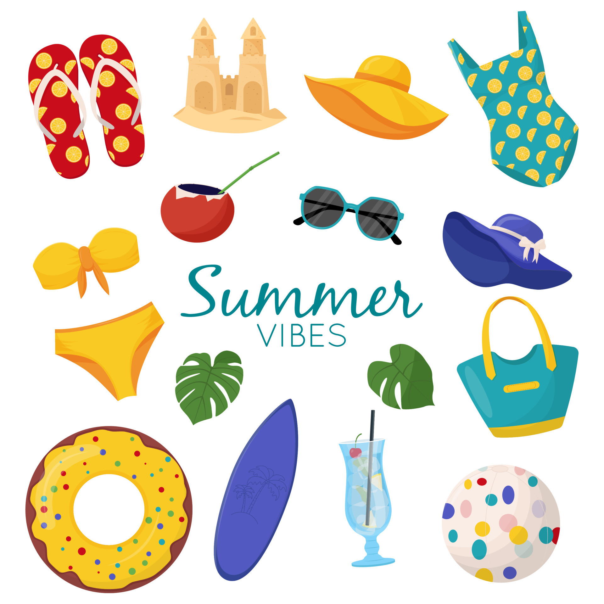 Set Of Cute Summer Elements Surfboard Cocktail Bag Hat Palm Tree Bikini Flip Flops Beach