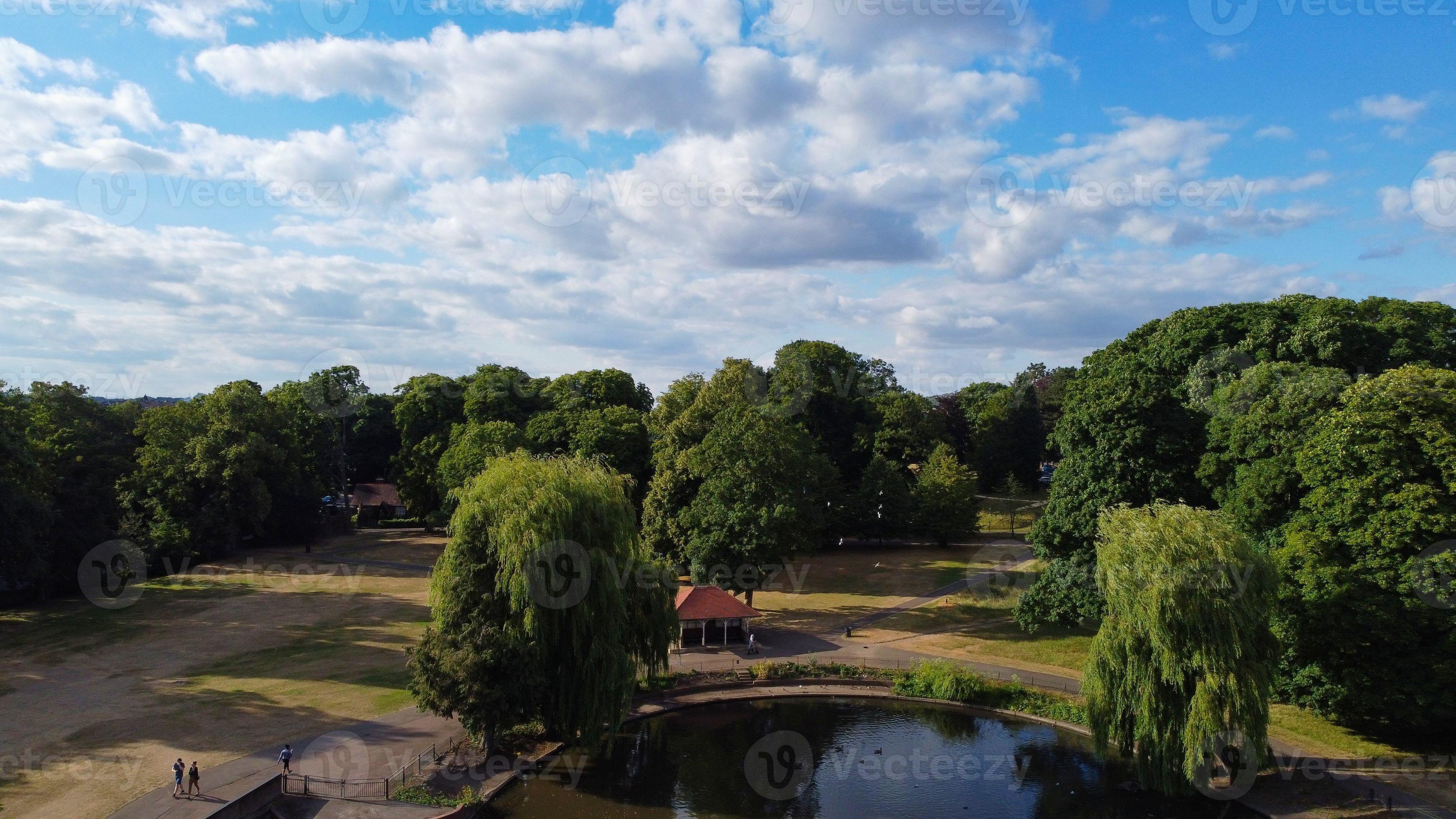 High Angle Aerial Footage View Of Local Public Park At A Hot Sunny Day Of Summer Stock