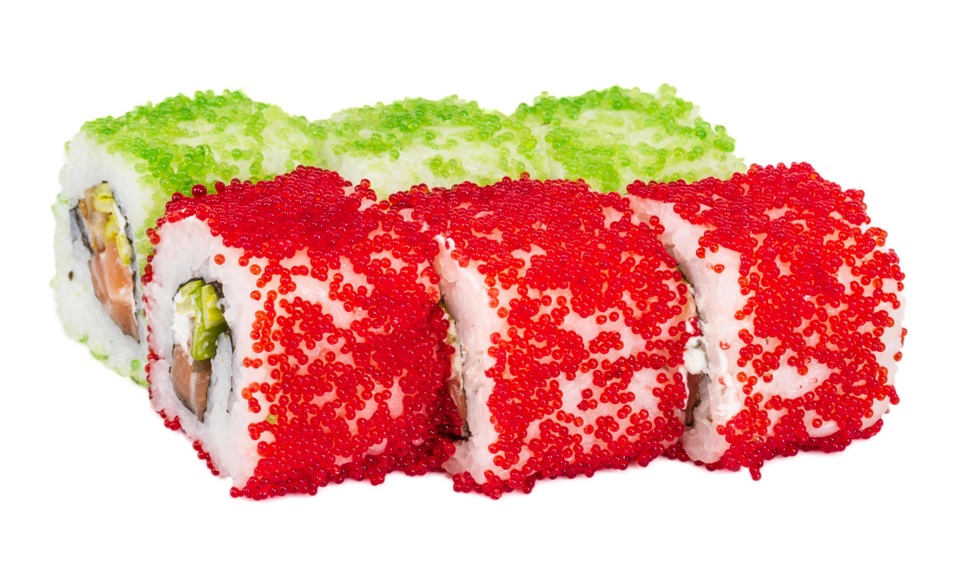 Tobiko Spicy Maki Sushi Hot Roll With Various Type Of Flying Fish Roe Outside And Salmon Inside