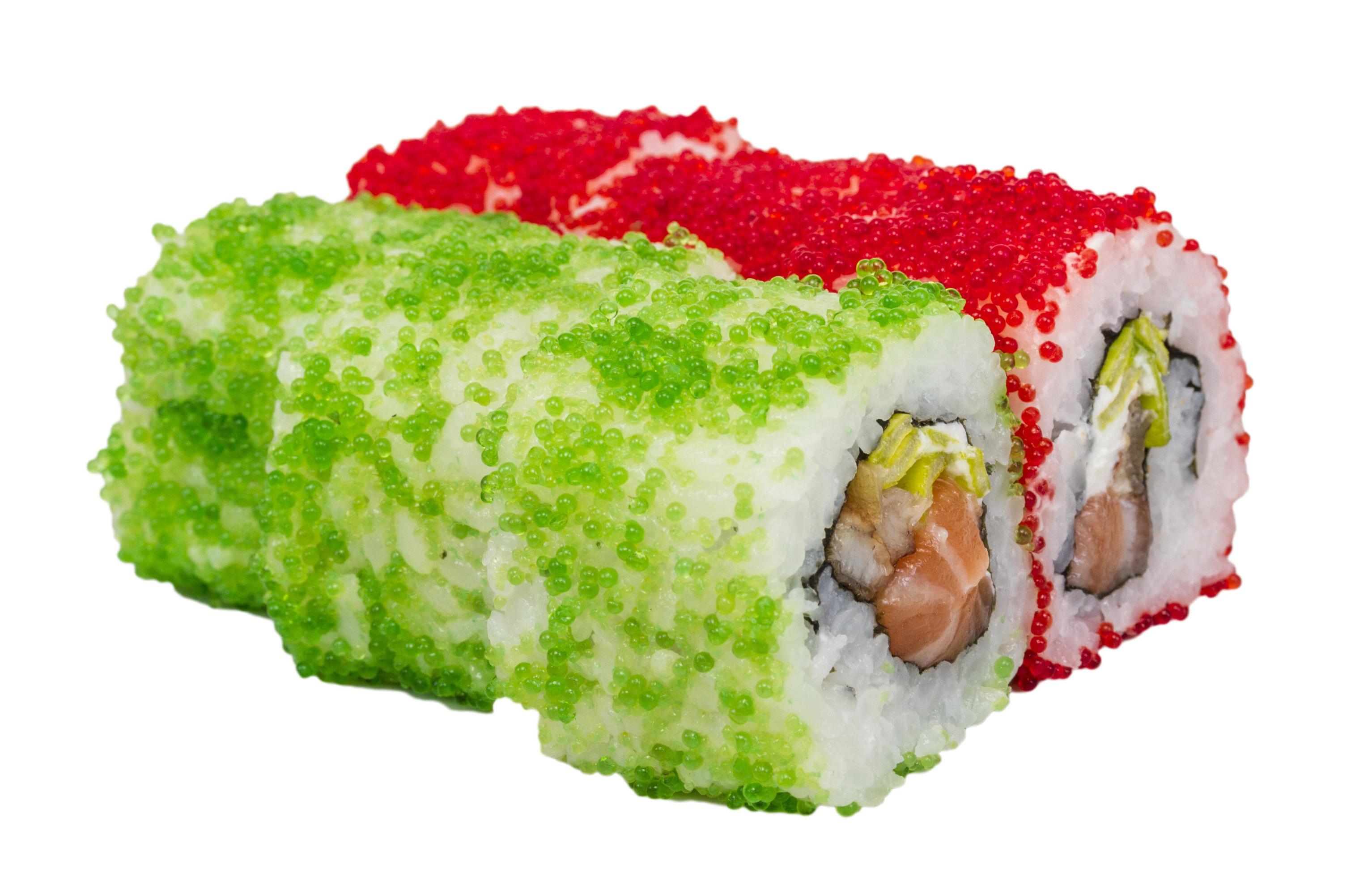 Tobiko Spicy Maki Sushi Hot Roll With Various Type Of Flying Fish Roe Outside And Salmon Inside