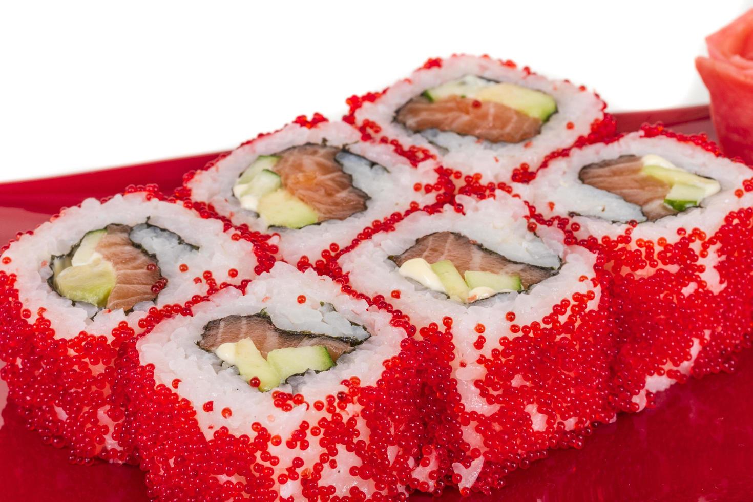 Tobiko Spicy Maki Sushi Hot Roll With Various Type Of Flying Fish Roe Outside Salmon Avocado