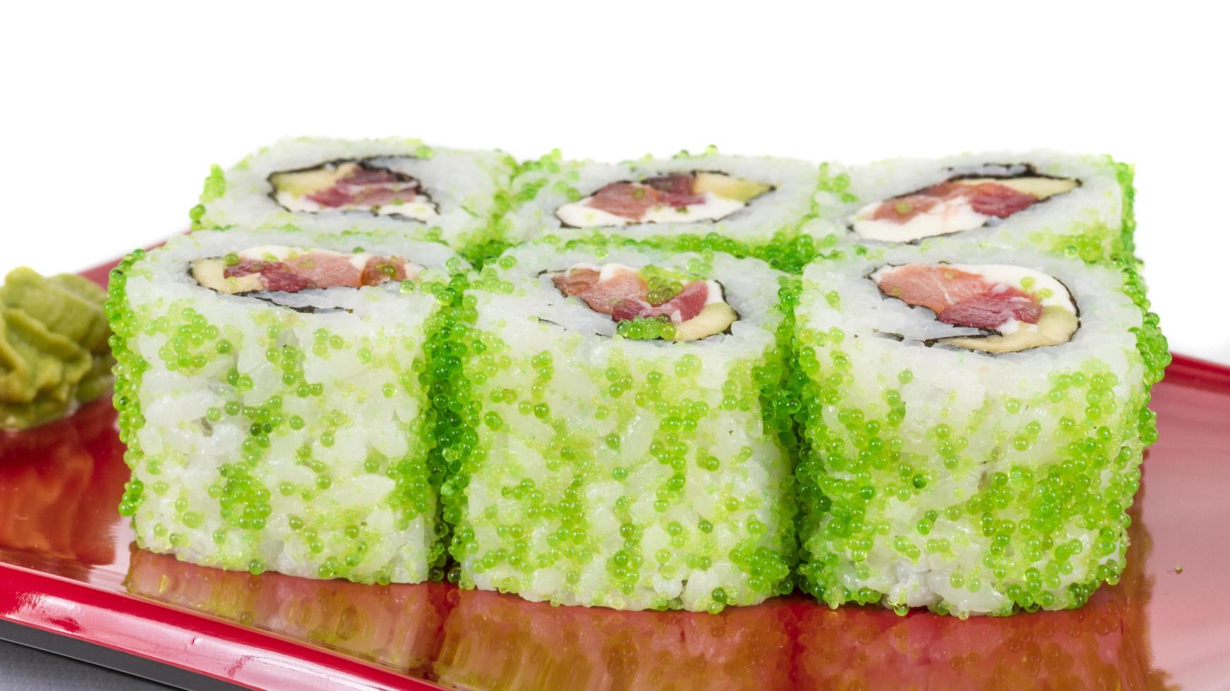 Tobiko Spicy Maki Sushi Hot Roll With Various Type Of Flying Fish Roe Outside Tuna Avocado