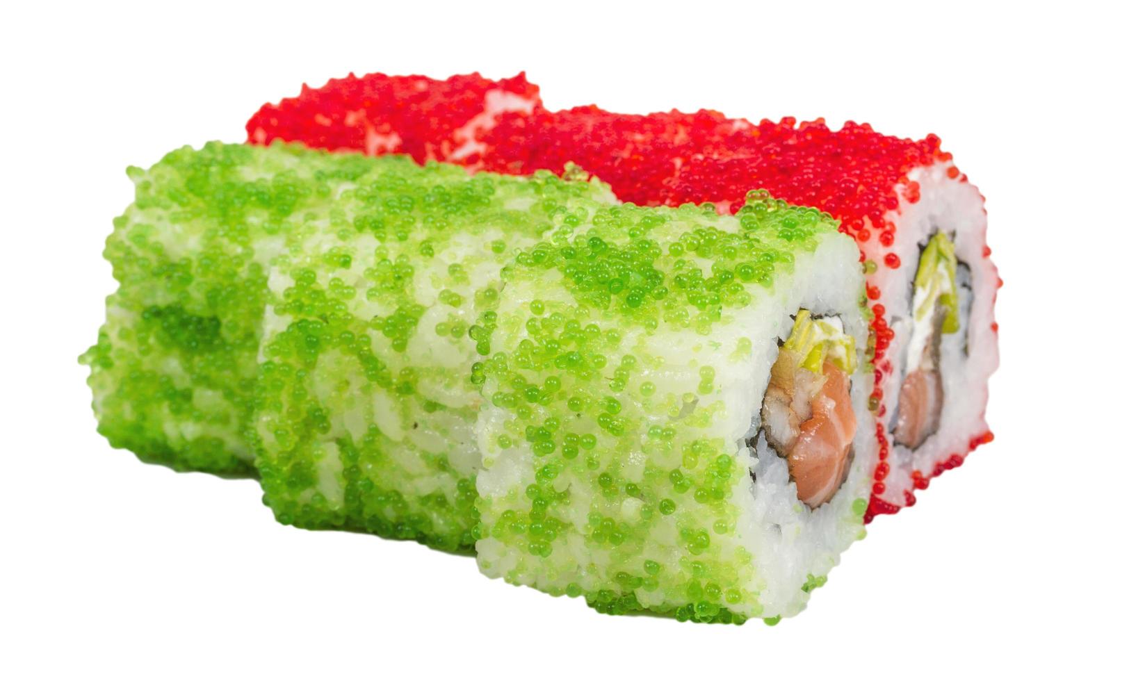 Tobiko Spicy Maki Sushi Hot Roll With Various Type Of Flying Fish Roe Outside Salmon Avocado