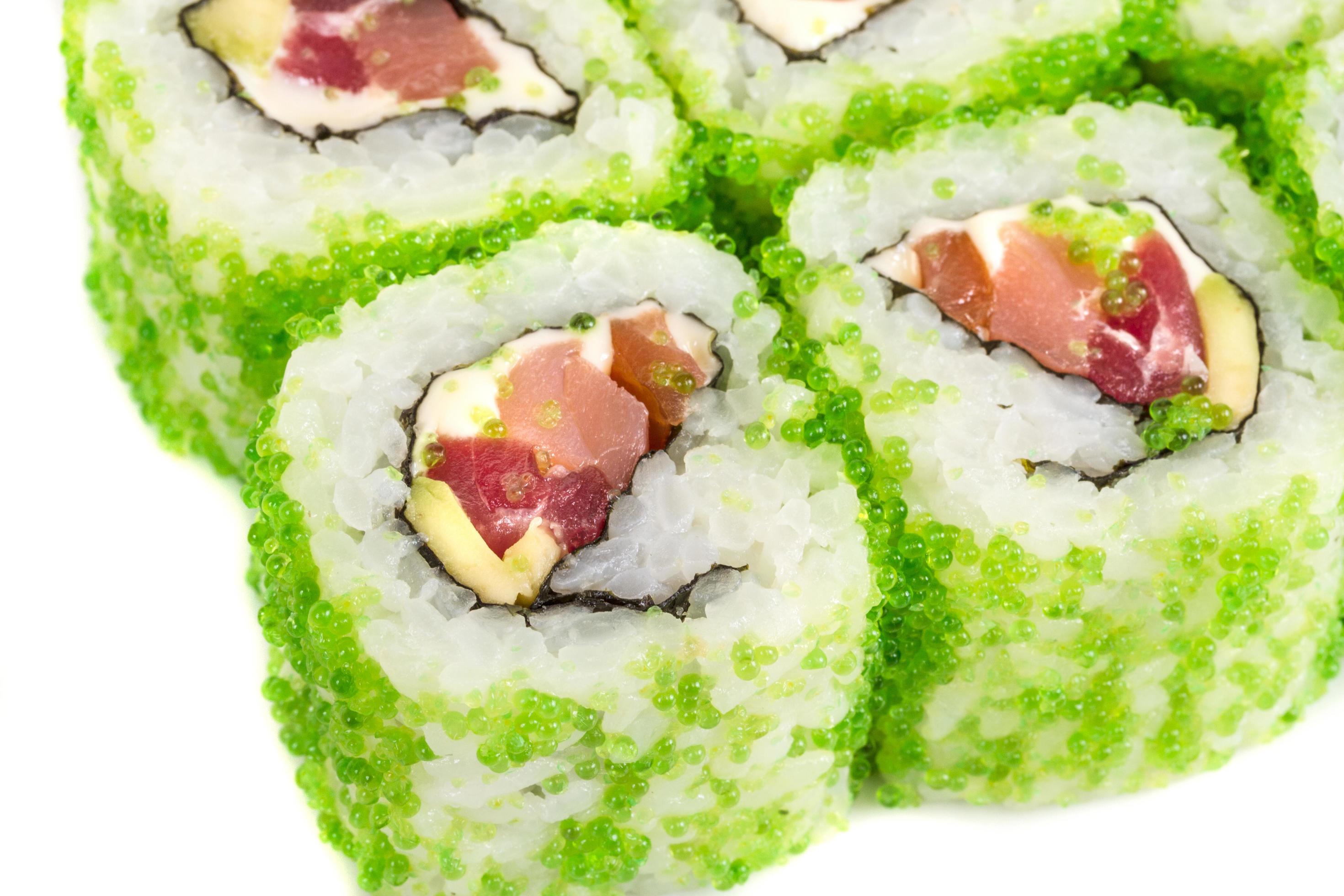 Tobiko Spicy Maki Sushi Hot Roll With Various Type Of Flying Fish Roe Outside Salmon Avocado