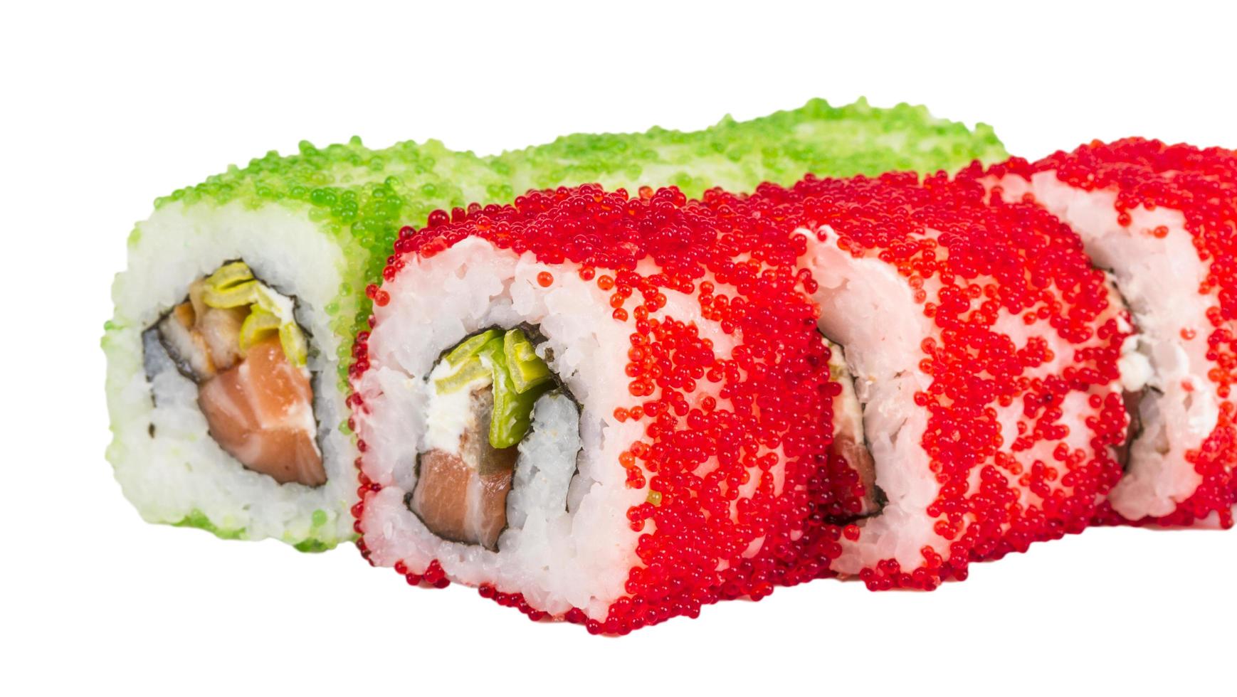 Tobiko Spicy Maki Sushi Hot Roll With Various Type Of Flying Fish Roe Outside Salmon Avocado