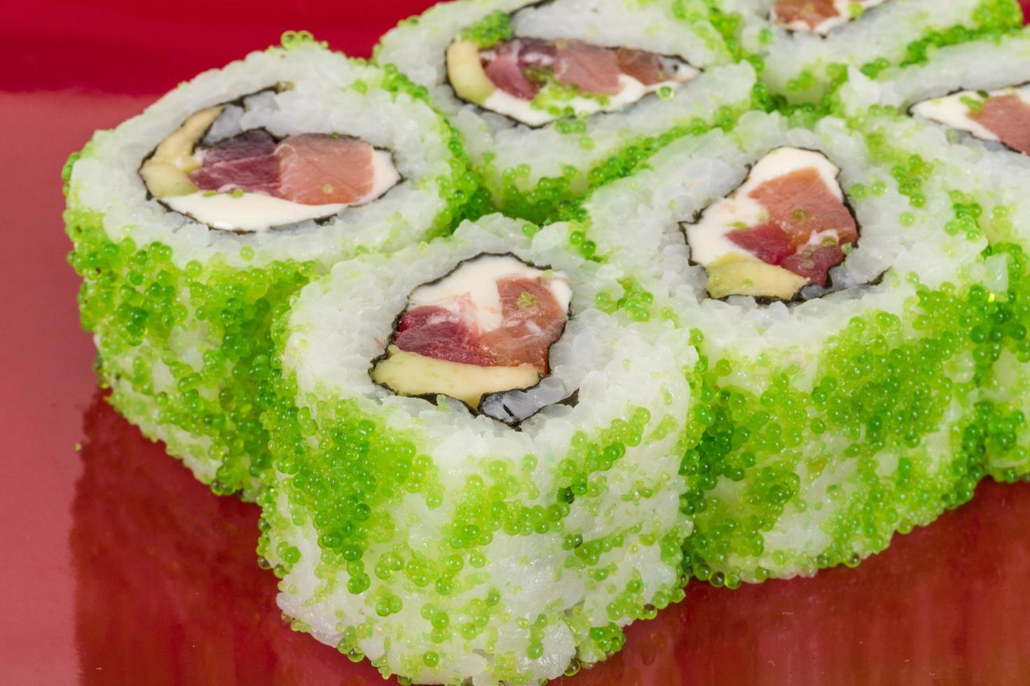 Tobiko Spicy Maki Sushi Hot Roll With Various Type Of Flying Fish Roe Outside Tuna Avocado