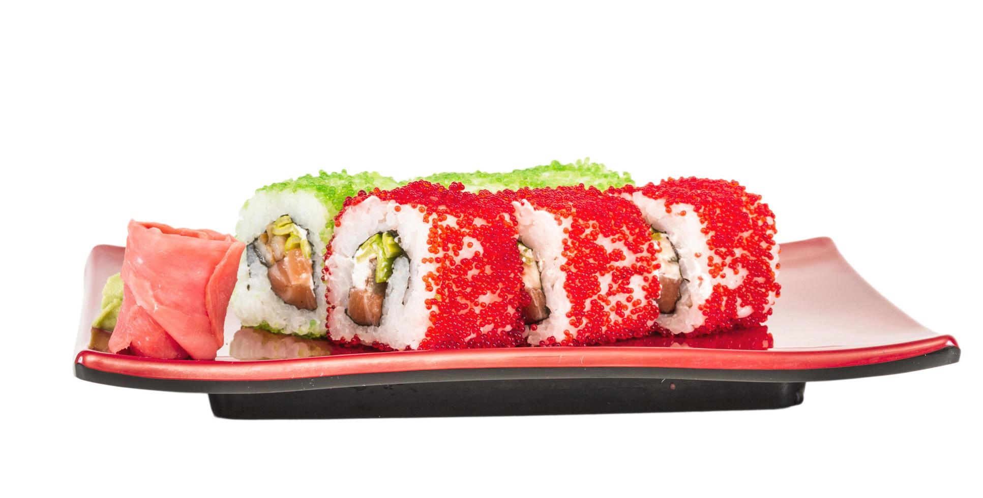 Tobiko Spicy Maki Sushi Hot Roll With Various Type Of Flying Fish Roe Outside Salmon Avocado