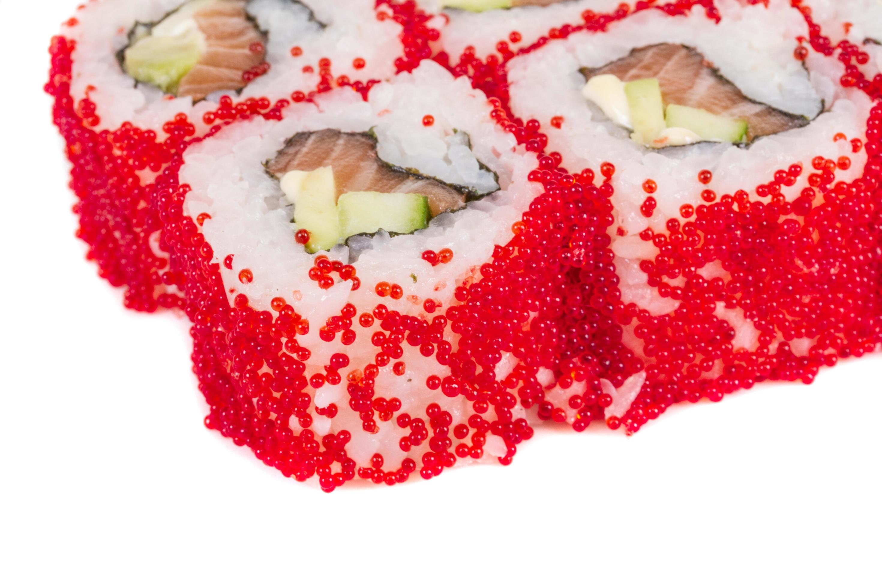 Tobiko Spicy Maki Sushi Hot Roll With Various Type Of Flying Fish Roe Outside Salmon Avocado