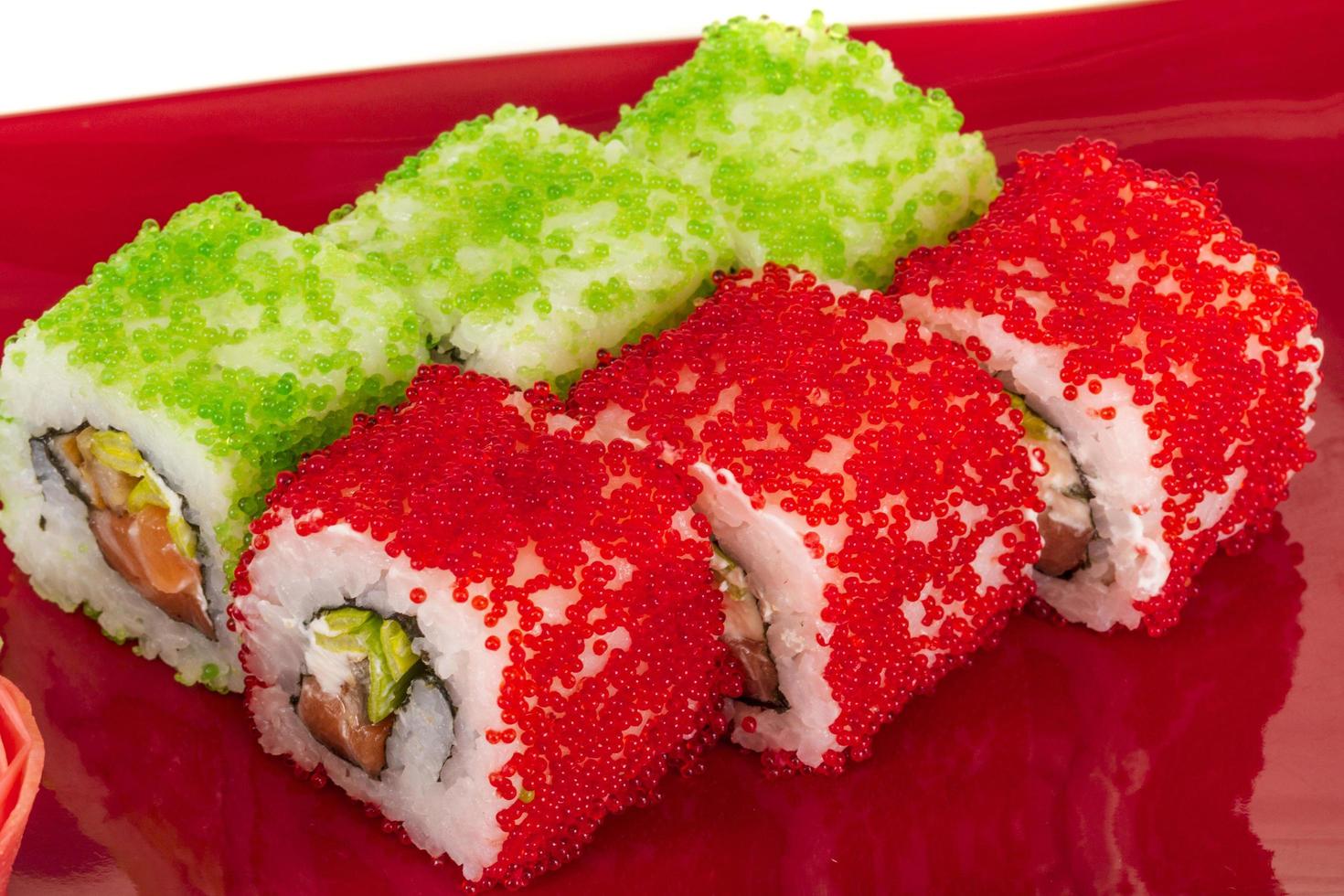 Tobiko Spicy Maki Sushi Hot Roll With Various Type Of Flying Fish Roe Outside Salmon Avocado