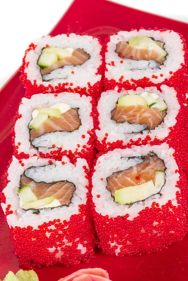 Tobiko Spicy Maki Sushi Hot Roll With Various Type Of Flying Fish Roe Outside Salmon Avocado