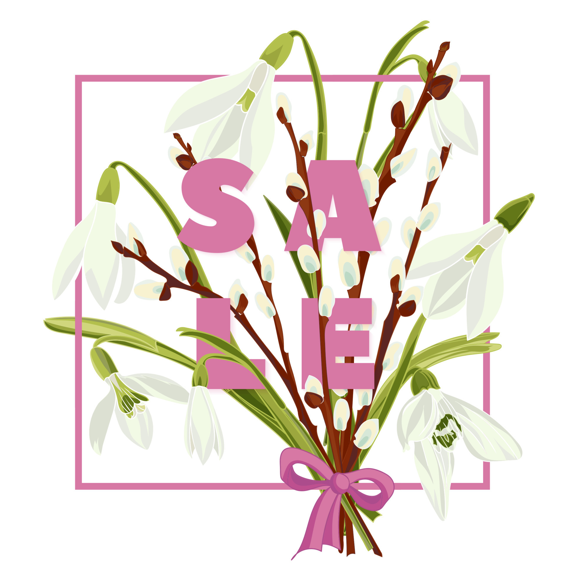 Floral Snowdrops And Pussy Willow Hand Drawn Colored Card Modern Typography With Text Sale