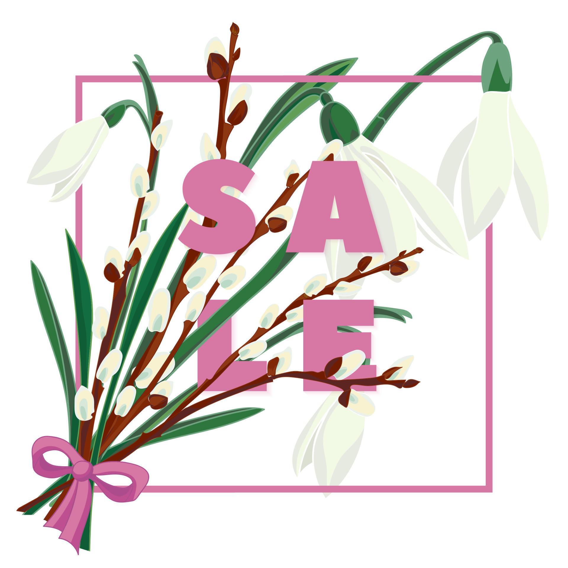 Floral Snowdrops And Pussy Willow Hand Drawn Colored Card Modern Typography With Text Sale