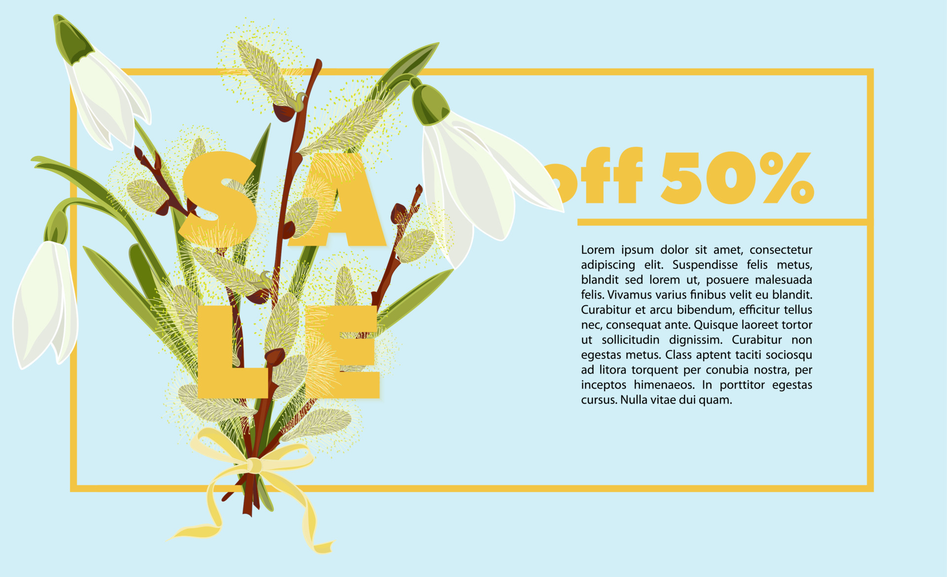 Floral Snowdrops And Pussy Willow Hand Drawn Colored Card Modern Typography With Text Sale