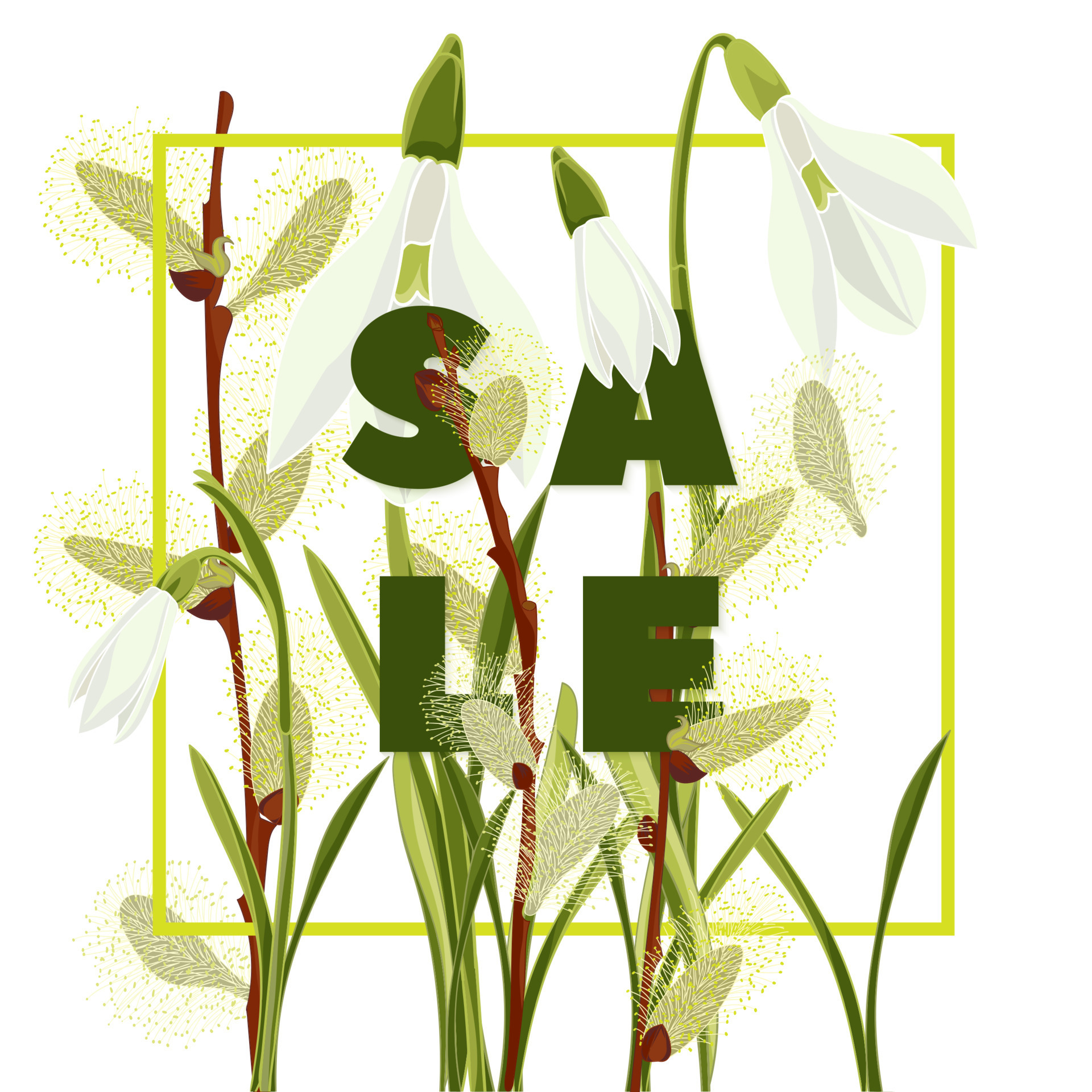 Floral Snowdrops And Pussy Willow Hand Drawn Colored Card Modern Typography With Text Sale