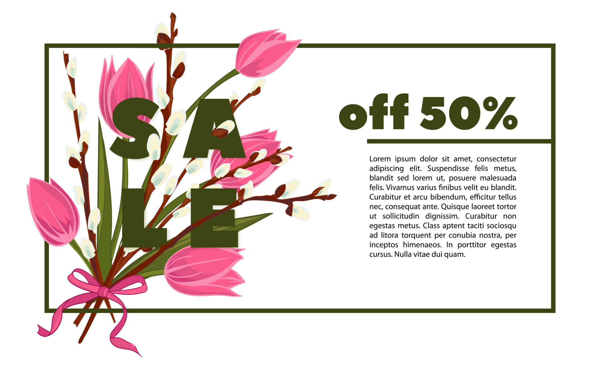 Floral Tulip And Pussy Willow Hand Drawn Colored Card Modern Typography With Text Sale
