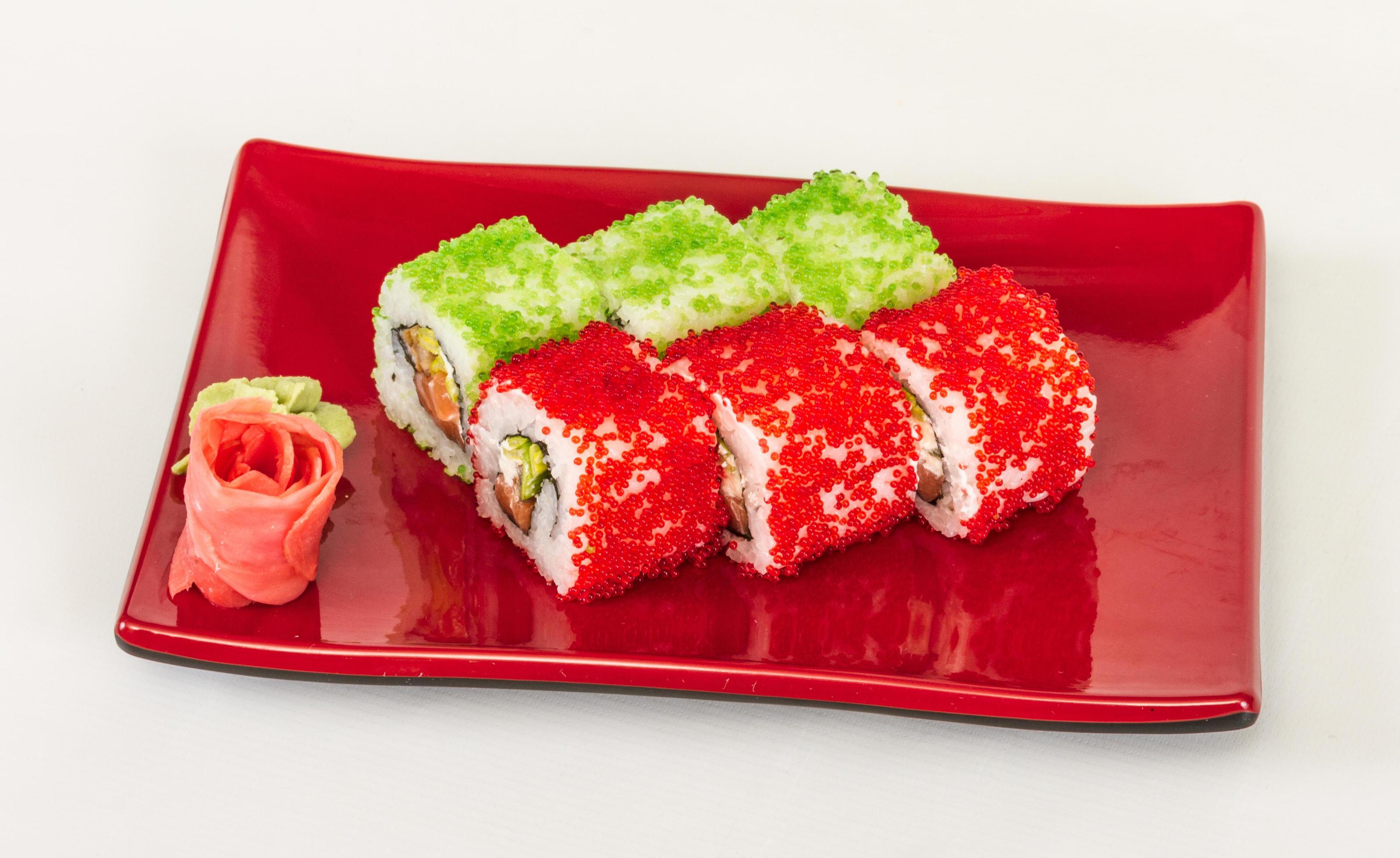 Tobiko Spicy Maki Sushi Hot Roll With Various Type Of Flying Fish Roe Outside And Salmon