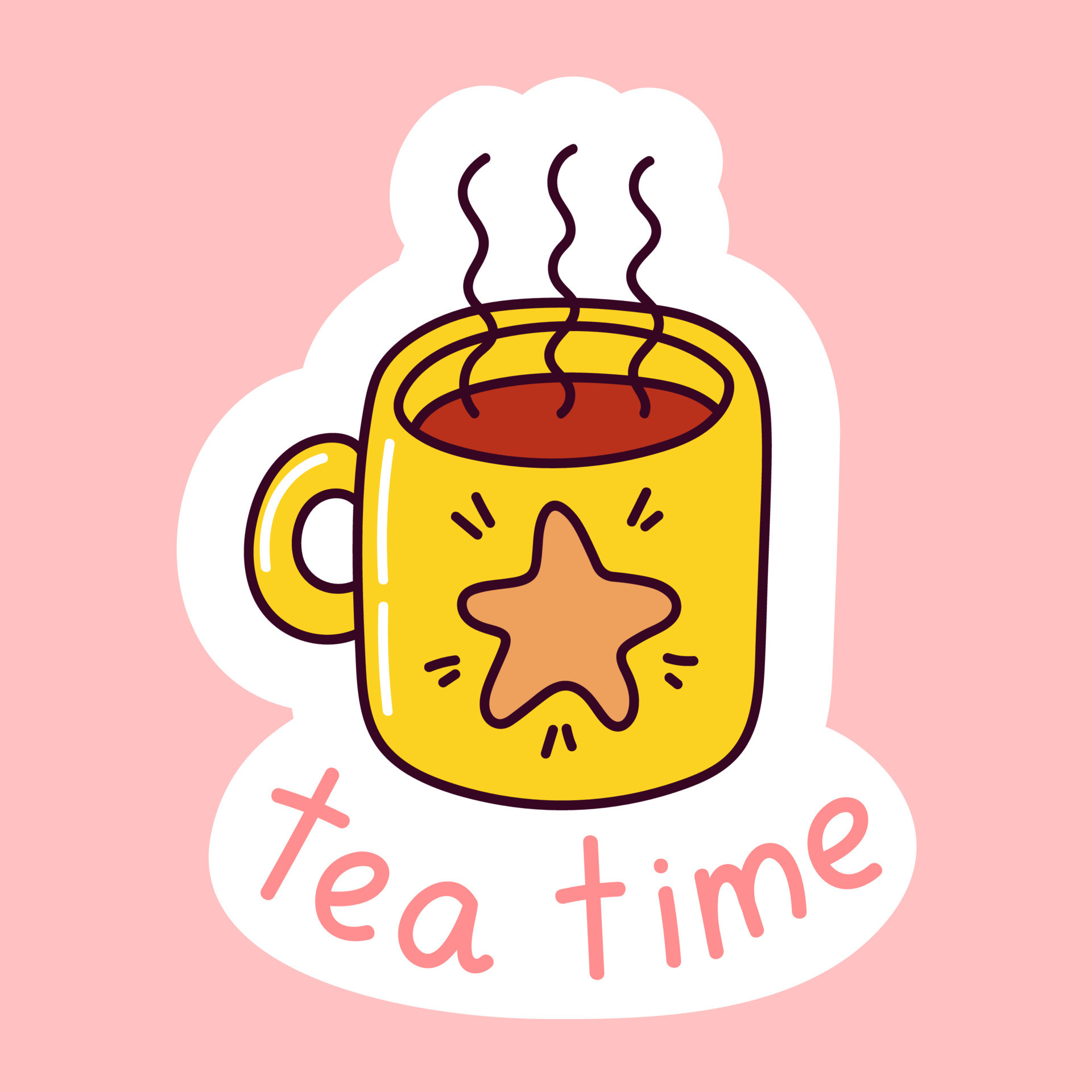 Cup With Hot Drink Sticker Tea Time Cute Doodle With Text Sticker With White Contour For