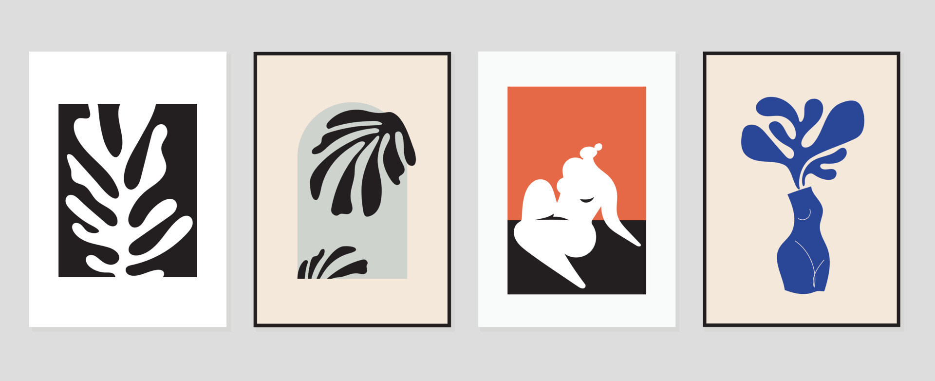Set Of Abstract Cover Background Inspired By Matisse Nude Female Body Posture Coral Flower