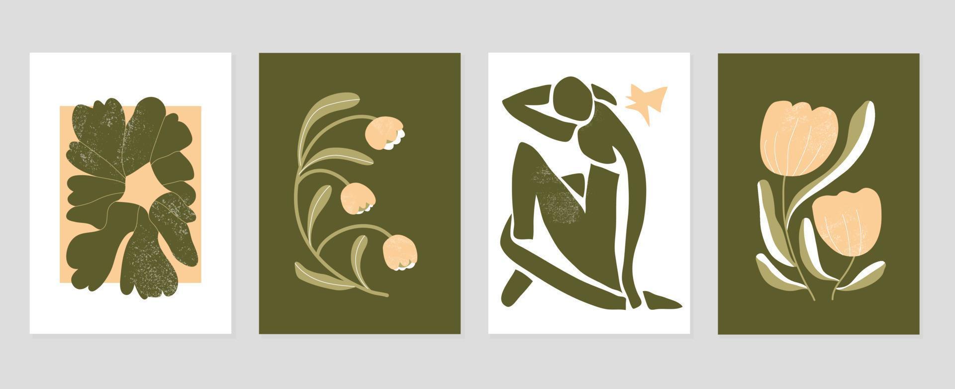 Set Of Abstract Cover Background Inspired By Matisse Plants Branch Flower Nude Female Body