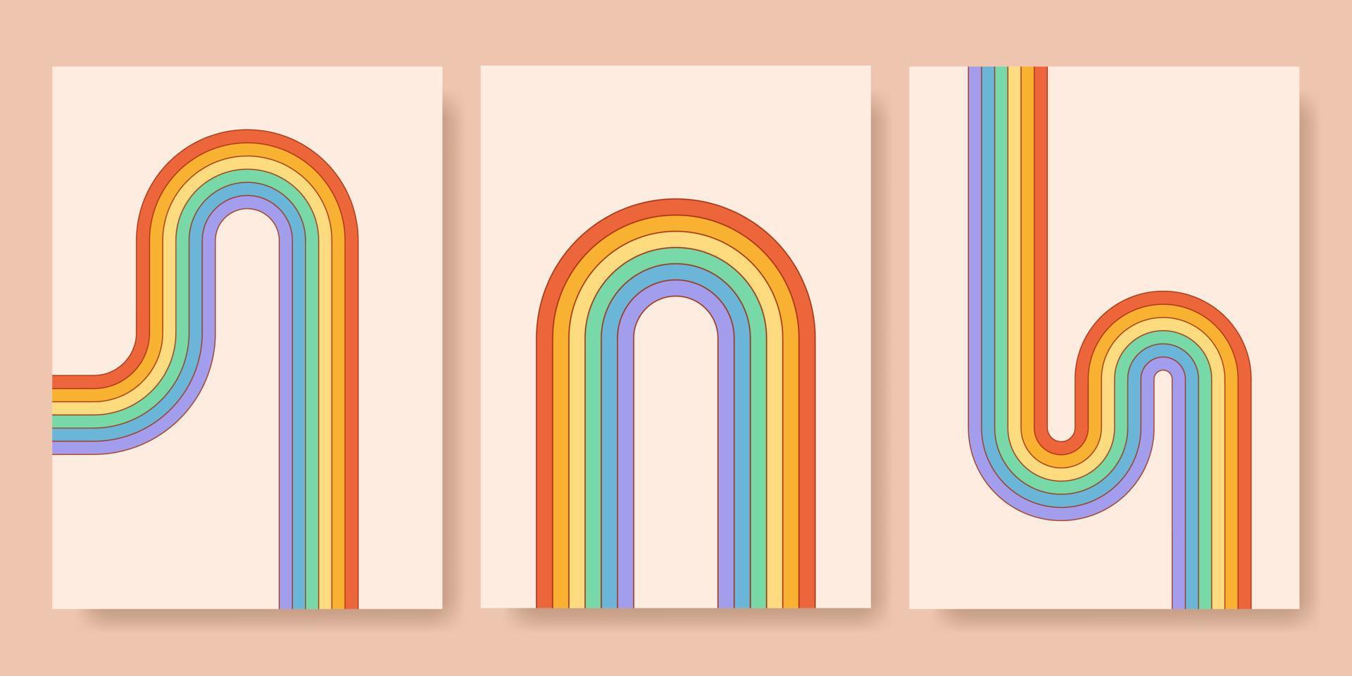 Set Of Retro Hippie Lgbt Striped Posters Gay And Lesbian Abstract Groovy Symbols In Rainbow
