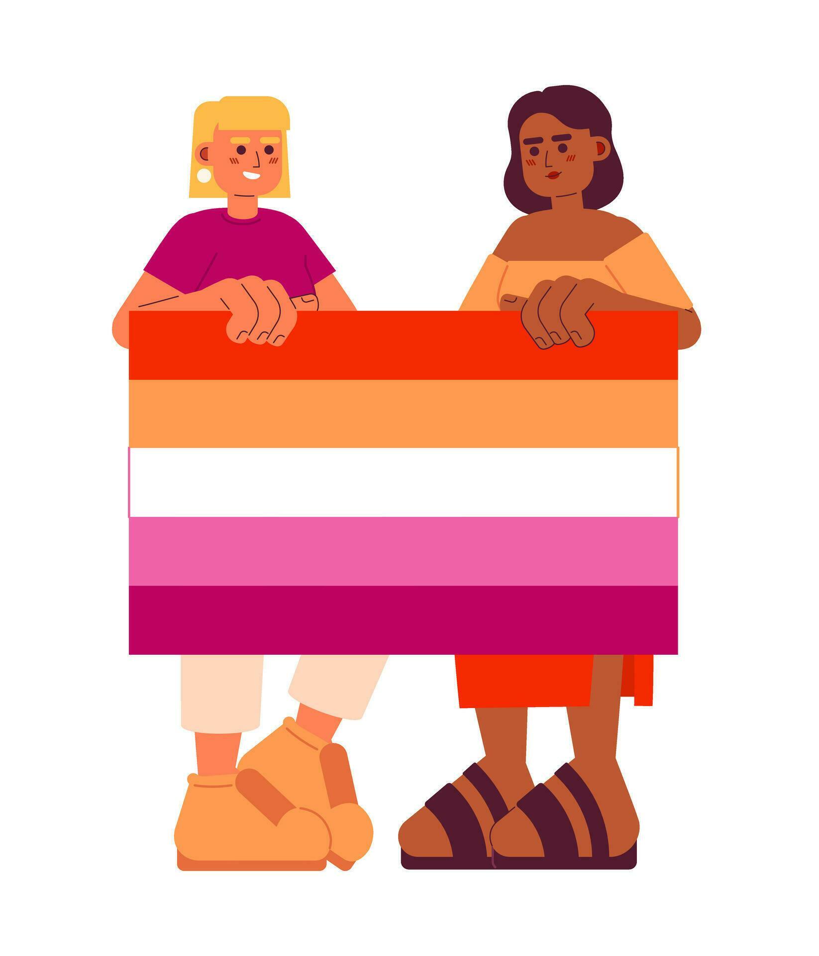 Attractive Women Hold Lesbian Pride Flag Semi Flat Color Vector Characters Editable Full Body