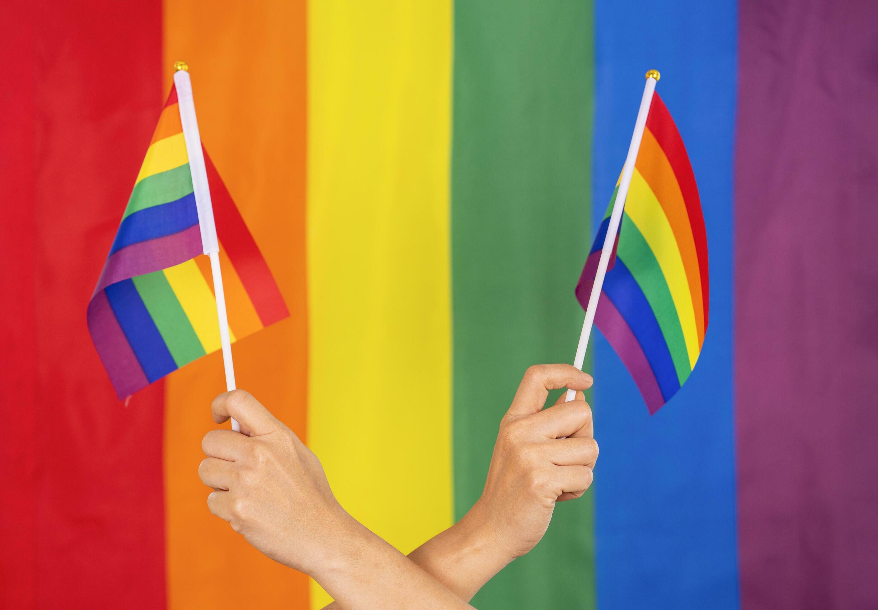 Hands Holding Colorful Rainbow Gay Flag Symbol Of Lgbt People Diversity Of Genders Love