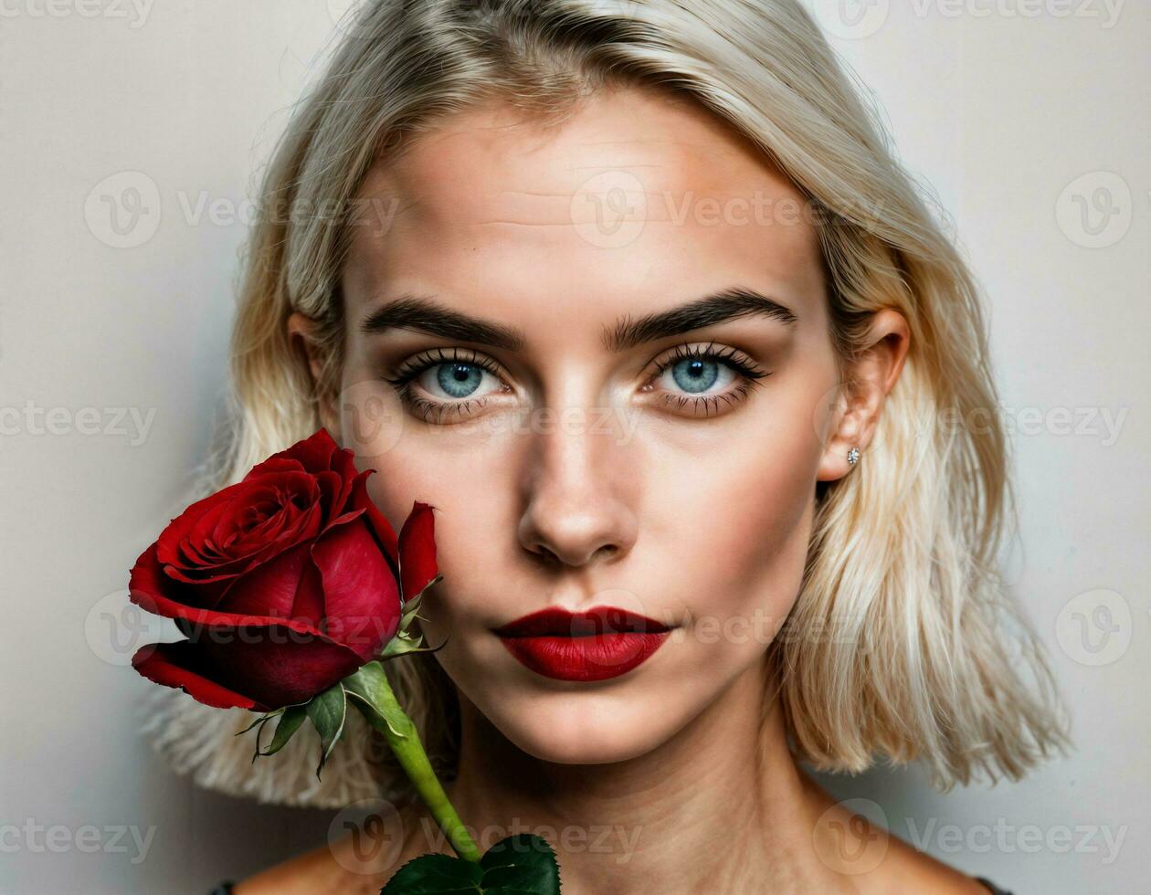 Photo Of Beautiful Woman In Blonde Hair Color With Red Rose Background Generative Ai