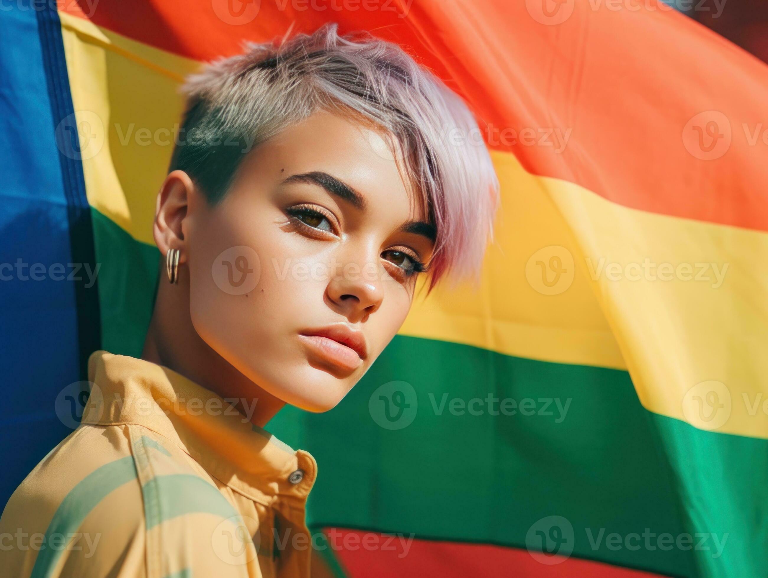 Hermosa Lesbiana Modelo Y Un Arco Iris Bandera A Gay Orgullo Lgbtq Colores Bandera Amar
