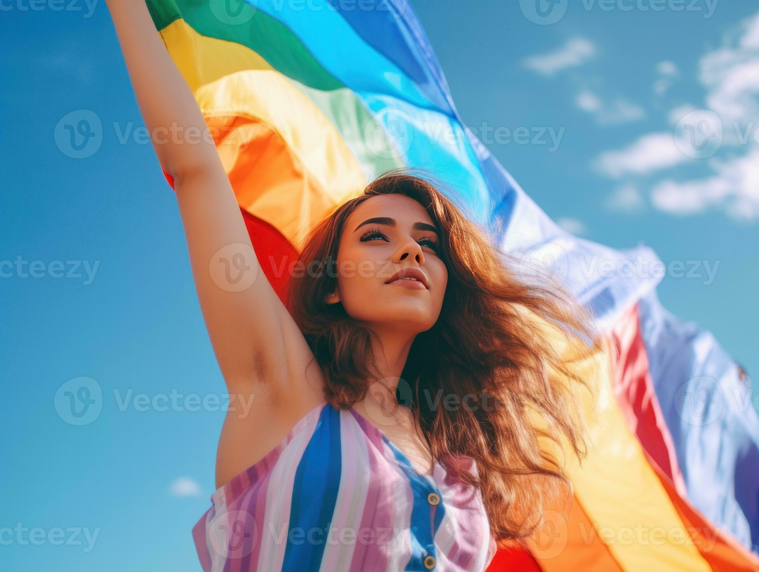 Hermosa Lesbiana Modelo Y Un Arco Iris Bandera A Gay Orgullo Lgbtq Colores Bandera Amar