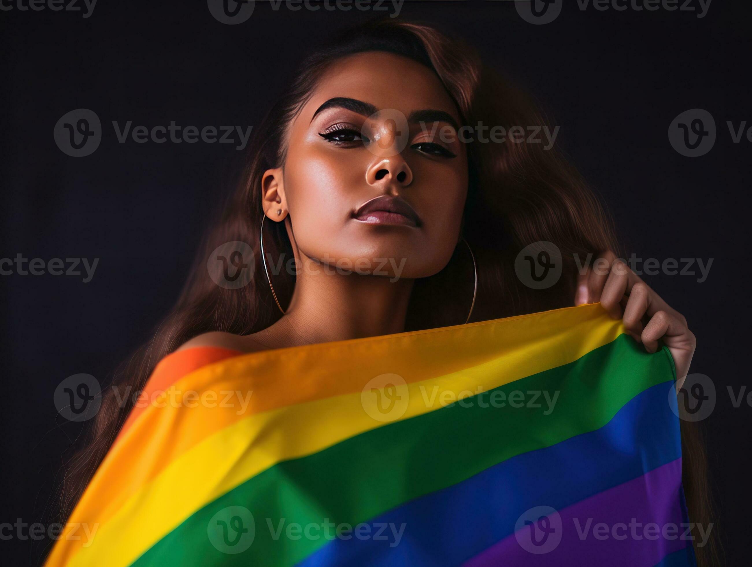 Hermosa Lesbiana Modelo Y Un Arco Iris Bandera A Gay Orgullo Lgbtq Colores Bandera Amar