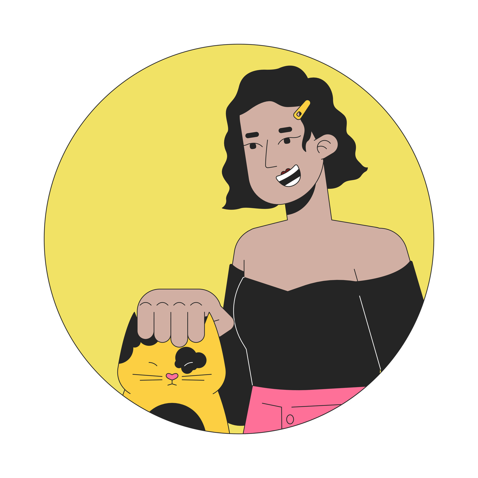 niña latina caricias Doméstico gatito 2d línea vector avatar ilustración Hispano dama gato