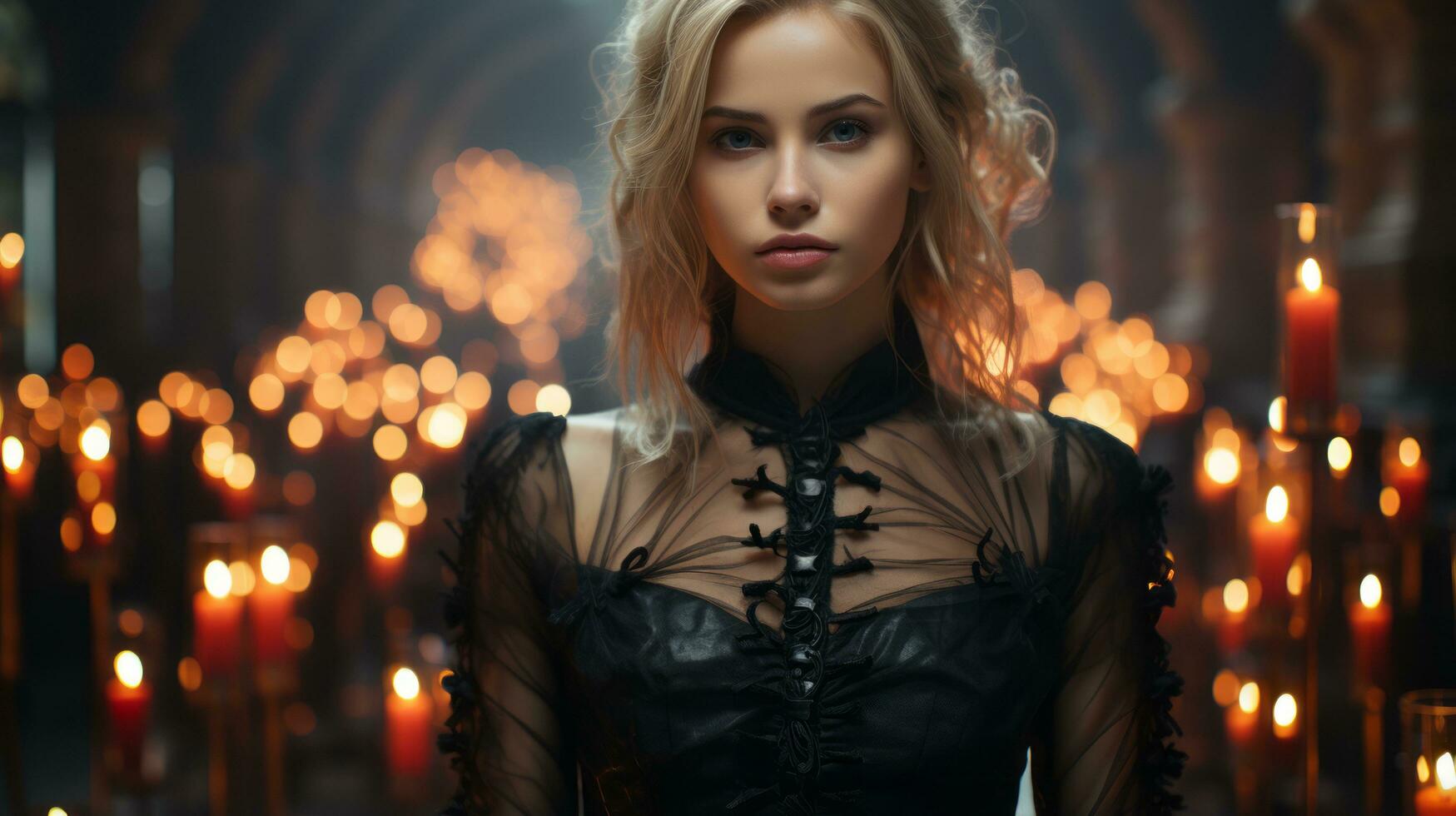 A Beautiful Blonde Woman Standing In Front Of Candles Generative Ai Stock Photo At Vecteezy