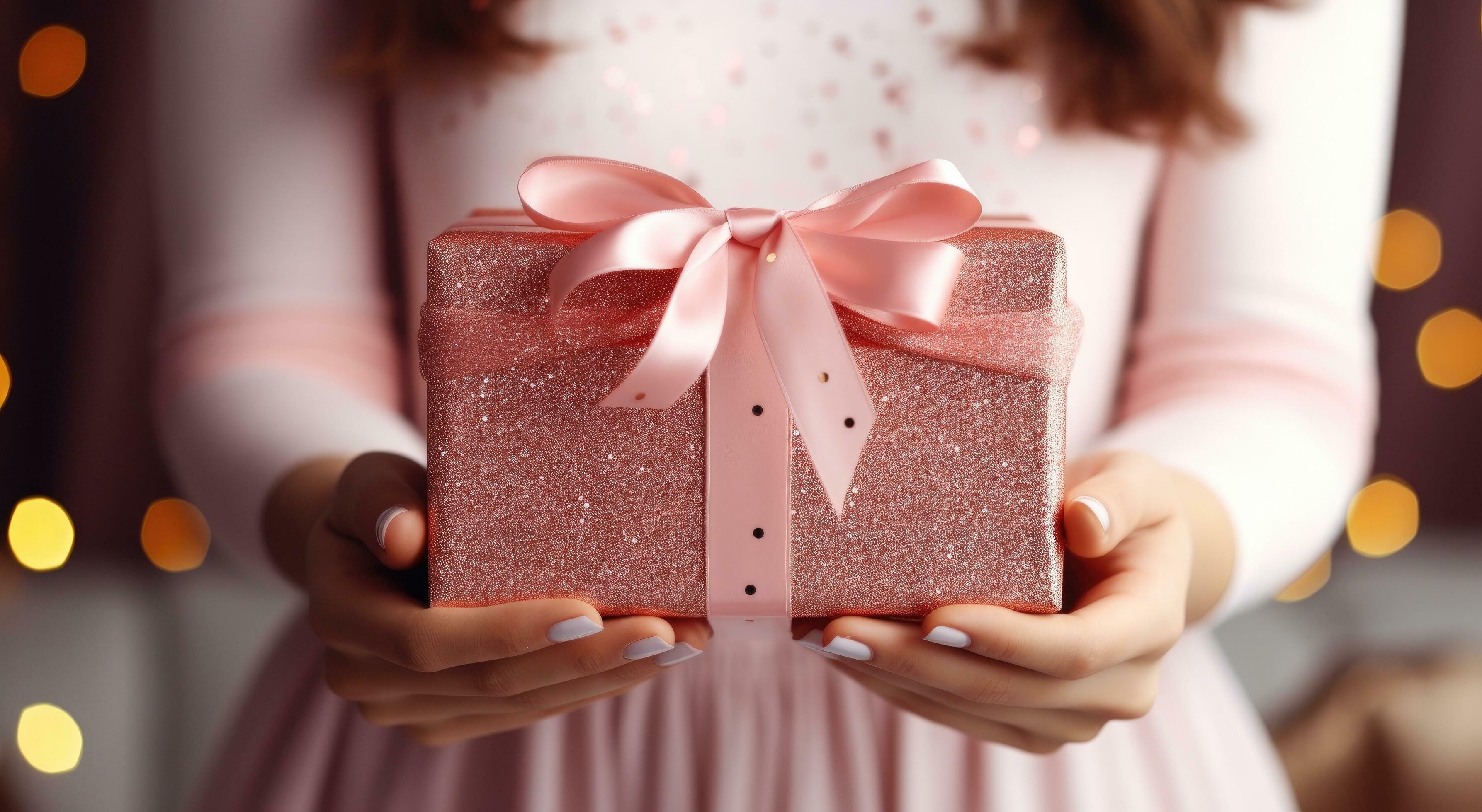 Ai Generated Women S Hands Holding A Pink Gift Box Stock Photo