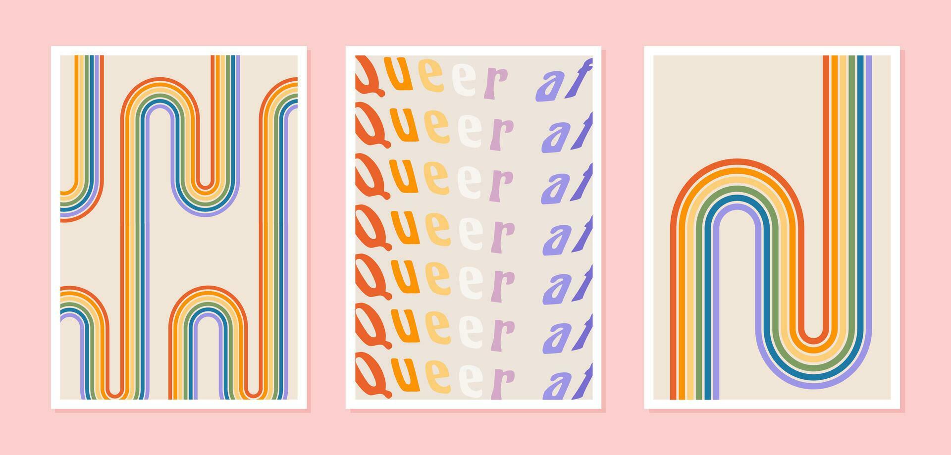 Orgullo Mes Carteles Con Arco Iris Y Gay Vibraciones Frase En Retro Maravilloso S S Estilo
