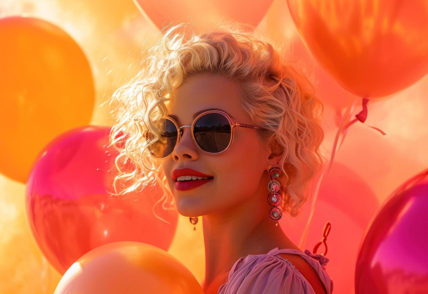 Ai Generated Glamorous Blonde Woman In Sunglasses Smiling With Colorful Balloons Stock