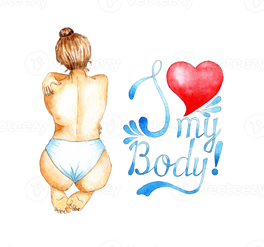 Watercolor Illustration Of A Naked Girl Sitting With Her Back And Hugging Herself Pose For A