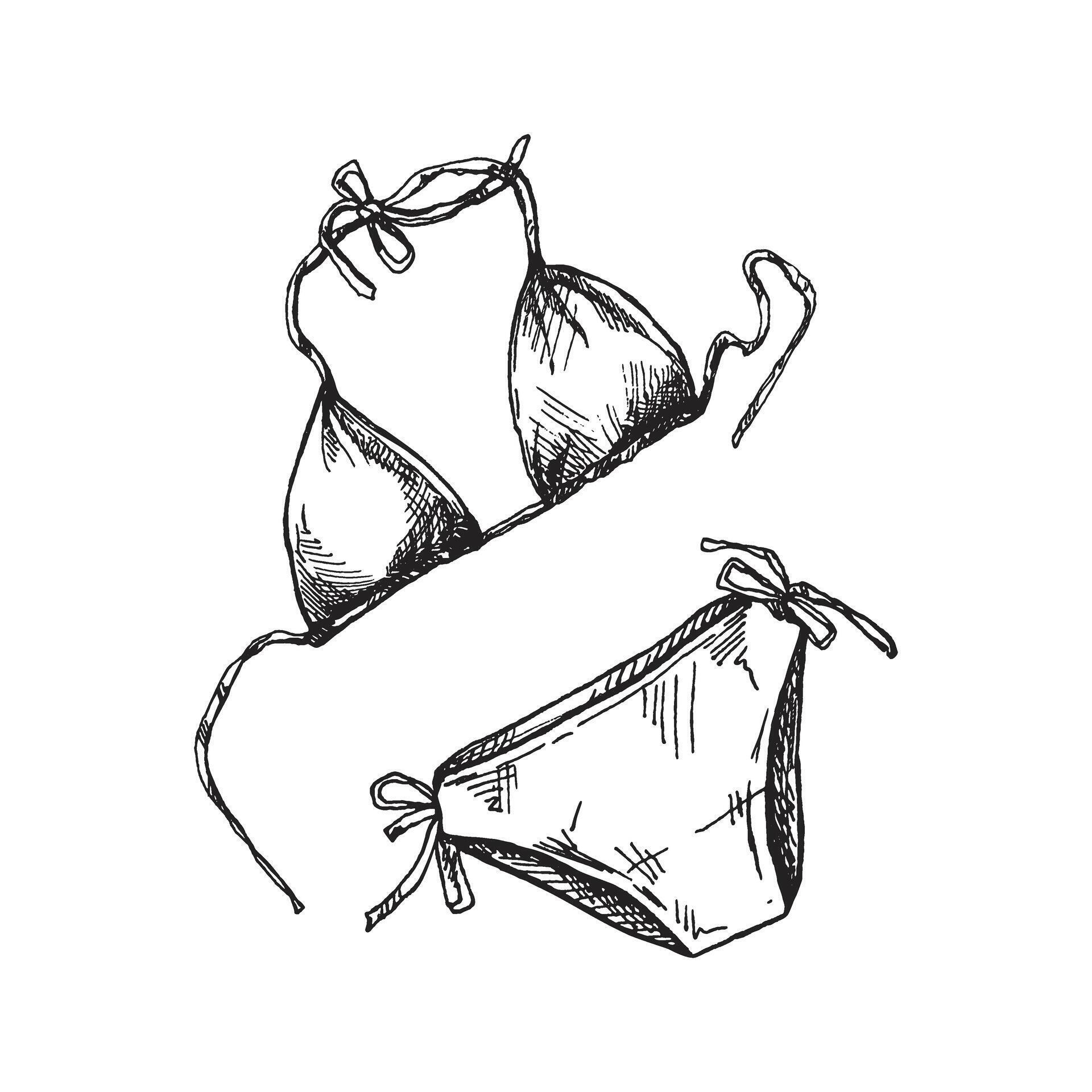 Hand Drawn Sketch Of Woman Swimsuit Bikini Summer Accessory Isolated On White Background