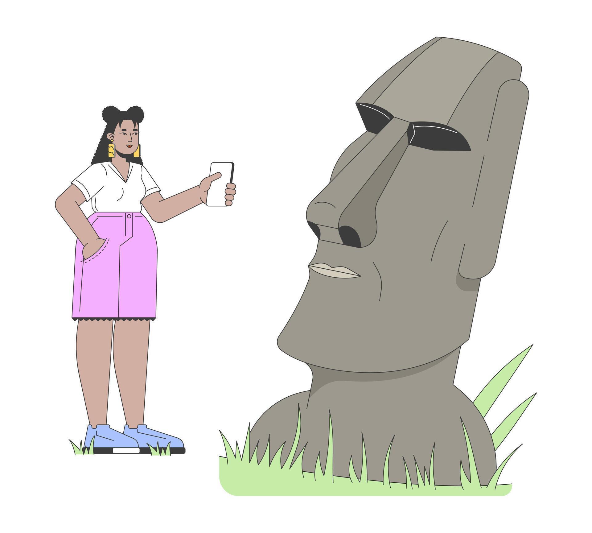 Curvy Latina Tourist Taking Of Moai Statue 2D Linear Cartoon Character