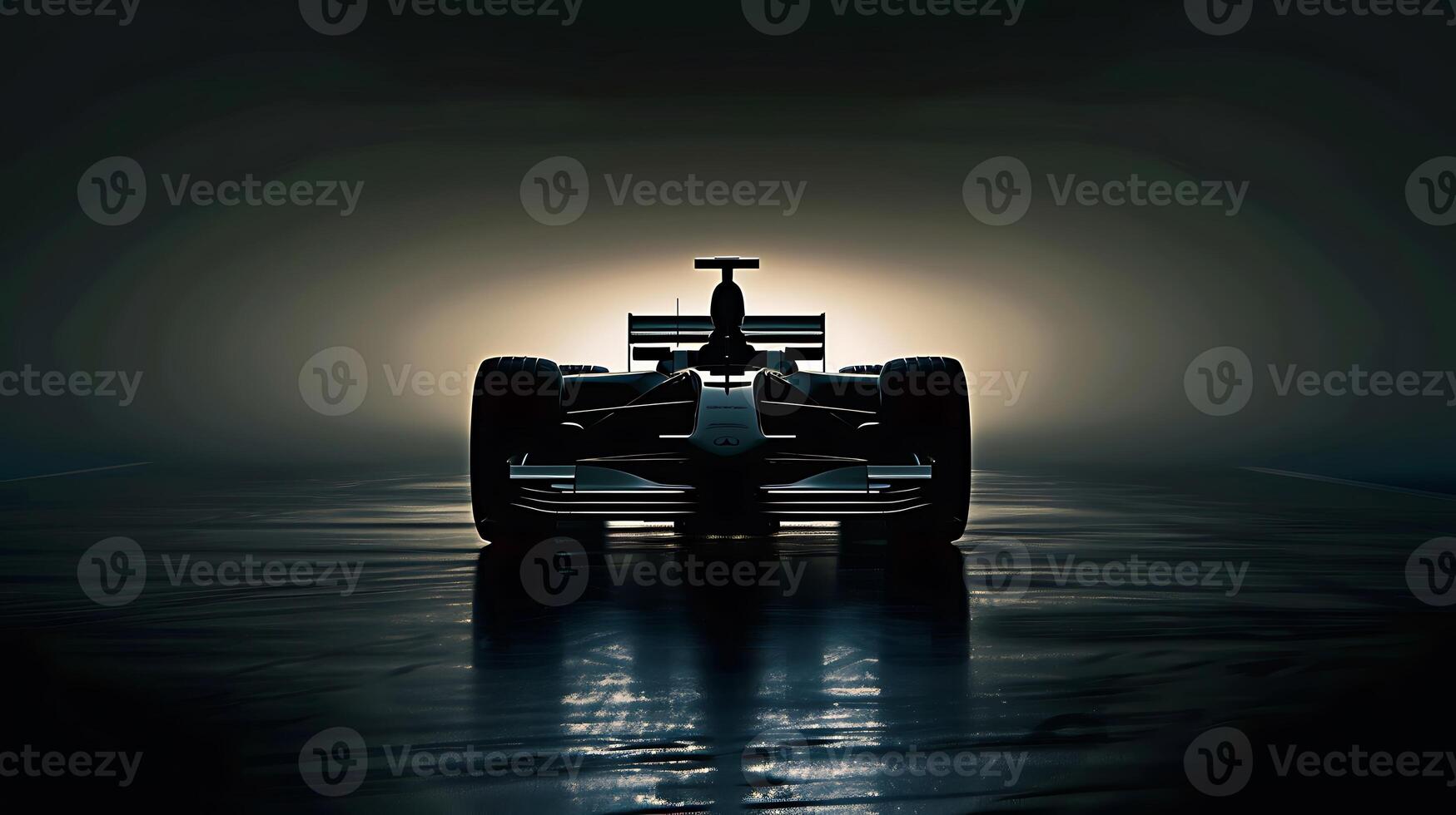 Silhouette Of A Formula One Car Under Dramatic Lighting Stock