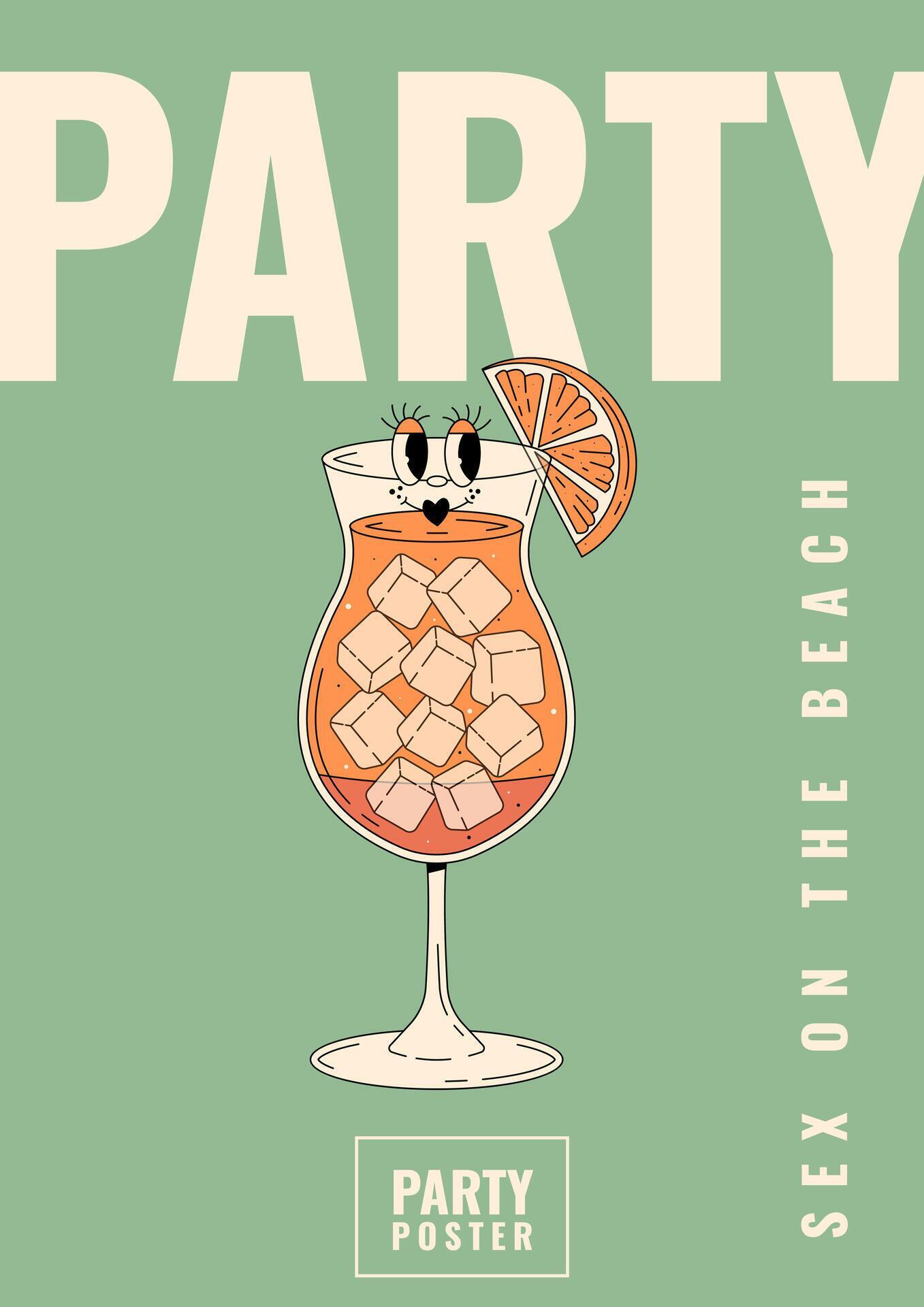 Groovy Character Sex On The Beach Retro Summer Party Poster With Alcoholic Beverage Cafe Bar