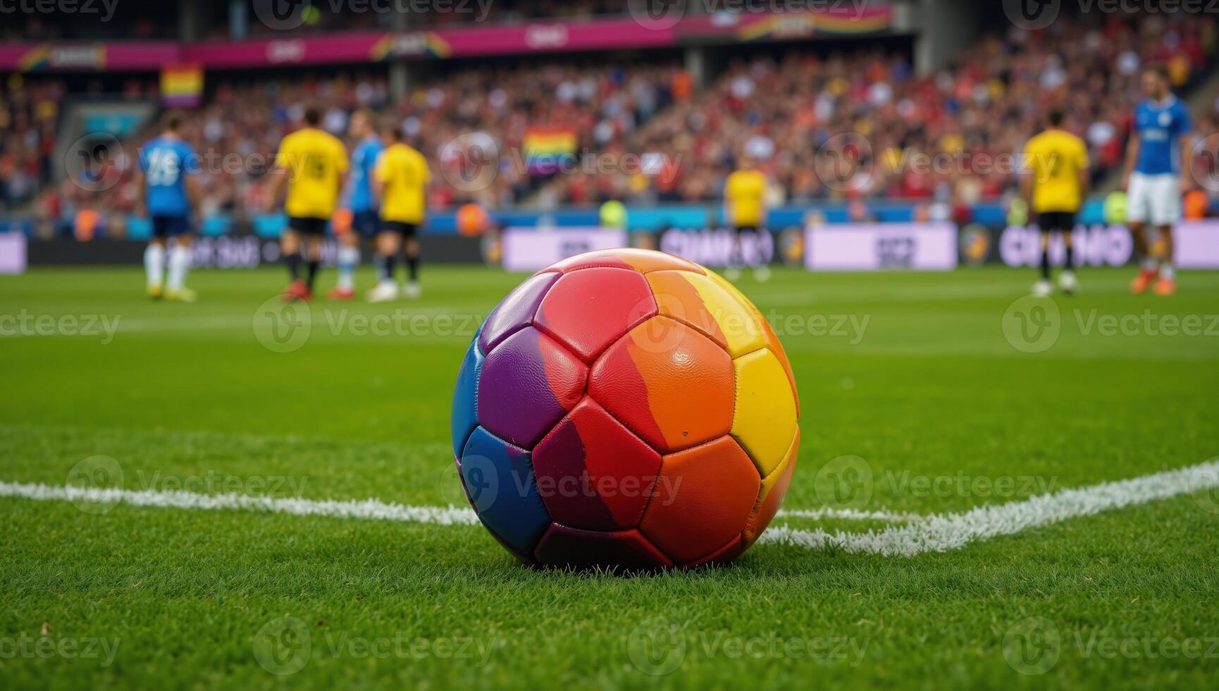 Overhead View Of Vibrant Gay Pride Rainbowcolored Soccer Ball On A Lush Grassy Sports Field At