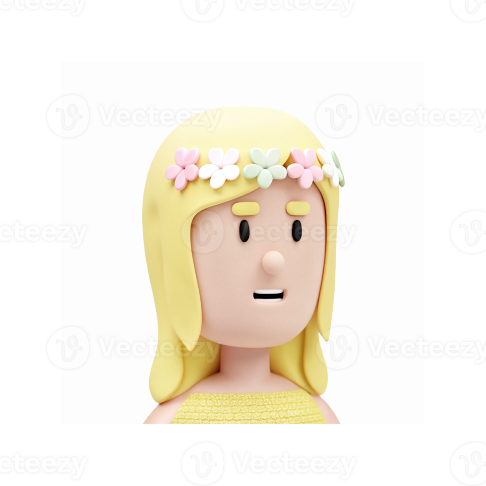 D Cartoon Blonde Woman With Flower Crown Yellow Outfit Smiling Expression Minimalist Design