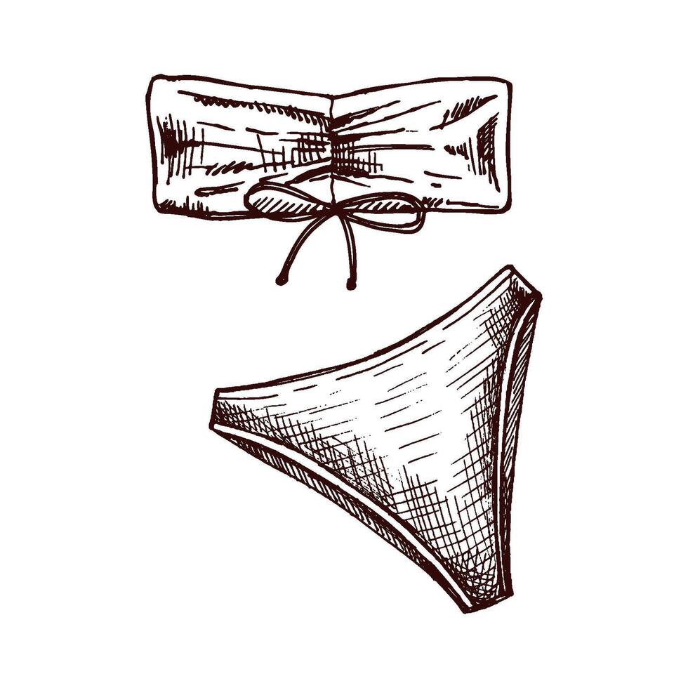 mano dibujado bosquejo de bandeau bikini conjunto con arco detalle en monocromo Clásico estilo