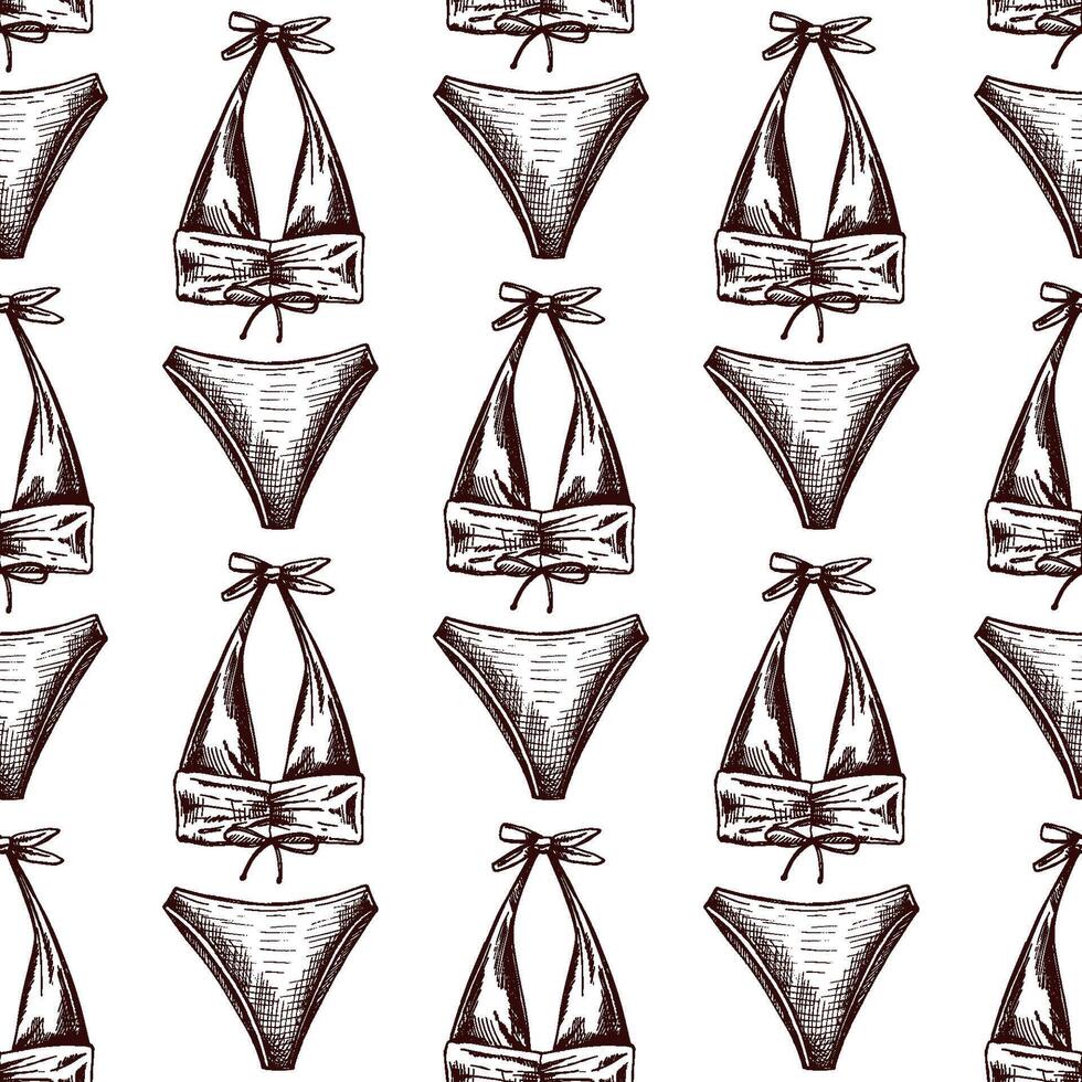mano dibujado sin costura modelo con bikini parte superior y fondos en Clásico estilo 57506673