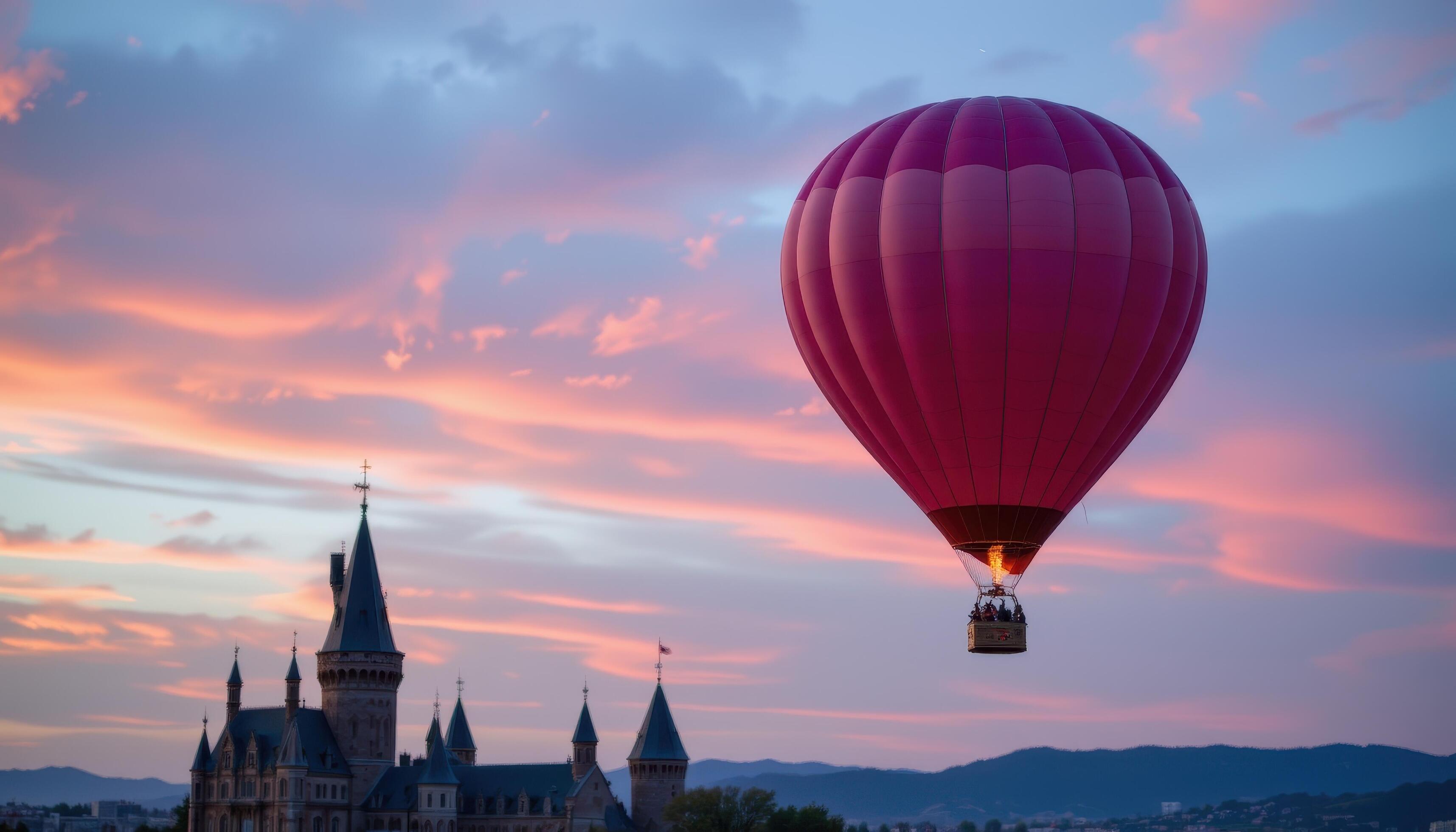 A Hot Air Balloon Flying Over Castle Towers At Dusk Dreamy Fairytale Lighting And Pink Toned